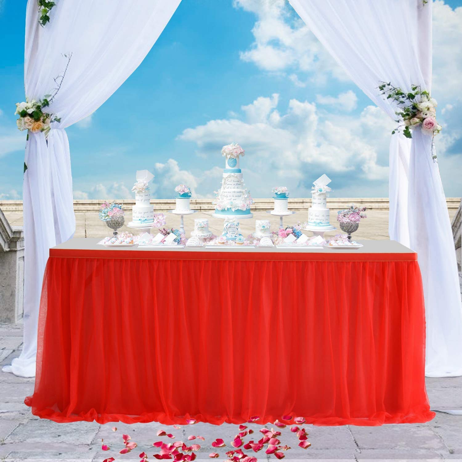 HBBMAGIC Rosso Gonna da Tavolo in Tulle Gonne da Tavolo tutù per Festa di Nozze Festa di Compleanno Decorazione Baby Shower, L183 × H76cm Gonne da Tavolo con Rifiniture Dorate