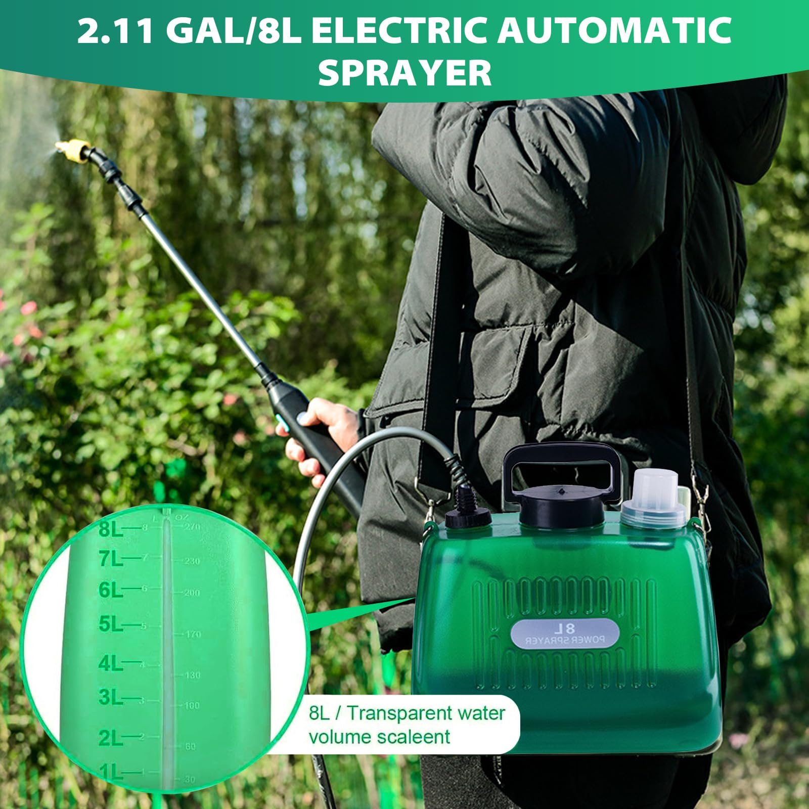 Spruzzatore a Pressione da 8L, Spruzzatore Elettrico con 3 Ugelli Nebulizzatori, Barra Spray Retrattile