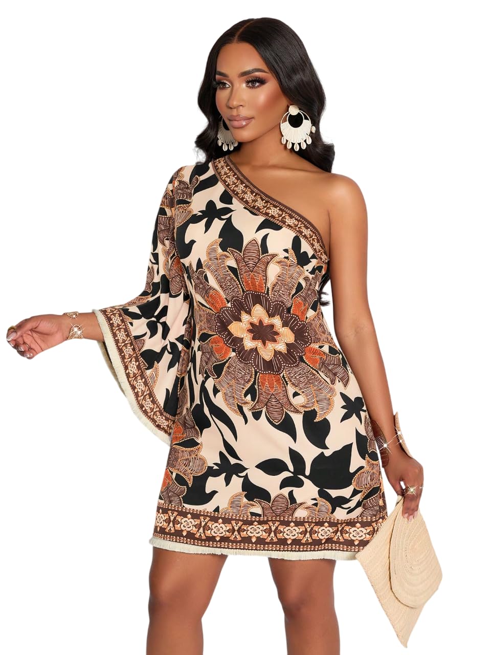 kateclo Women’s One-Shoulder Boho Mini Dress – Asymmetrical Sleeve Floral Print Summer Shift Dress with Border Trim-picture-31