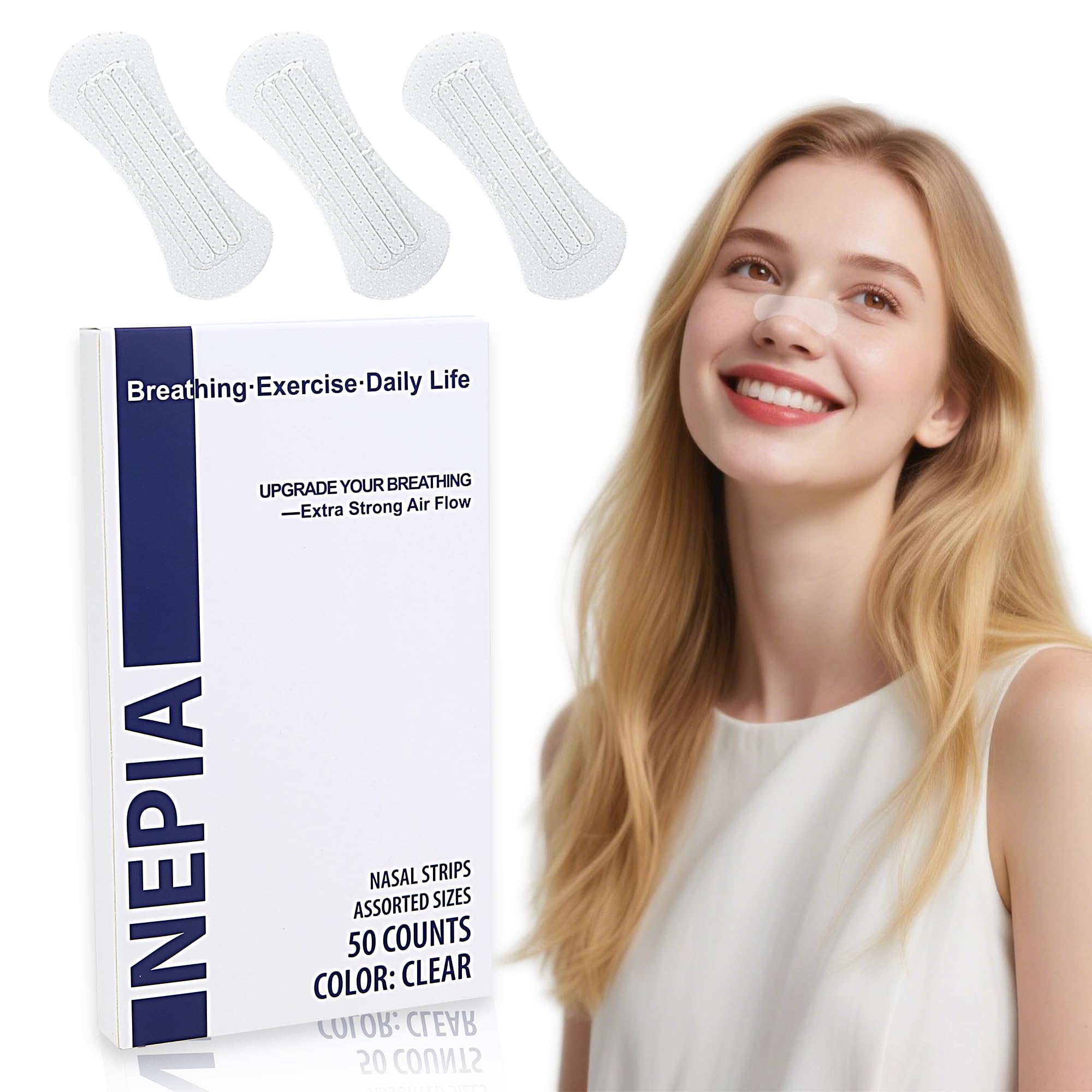 Nepia Hypoallergenic Clear Nasal Strips for Sleeping 50-Pack Nose Strips for Better Breathing Instant Nasal Congestion Relief for