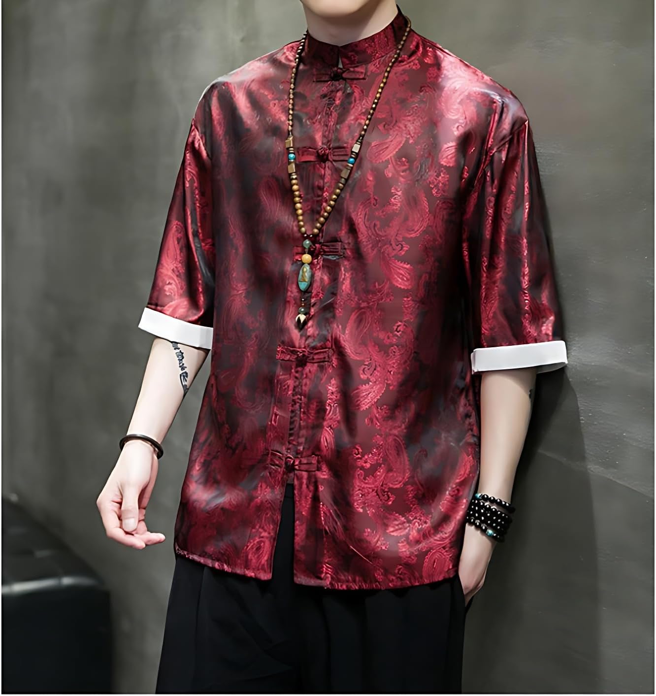Men's Kung Fu Shirt,Traditional Chinese Hanfu Tang Suit Coat with Silk Printing,Half Sleeve Top for Casual Summer Outfits Wine Red