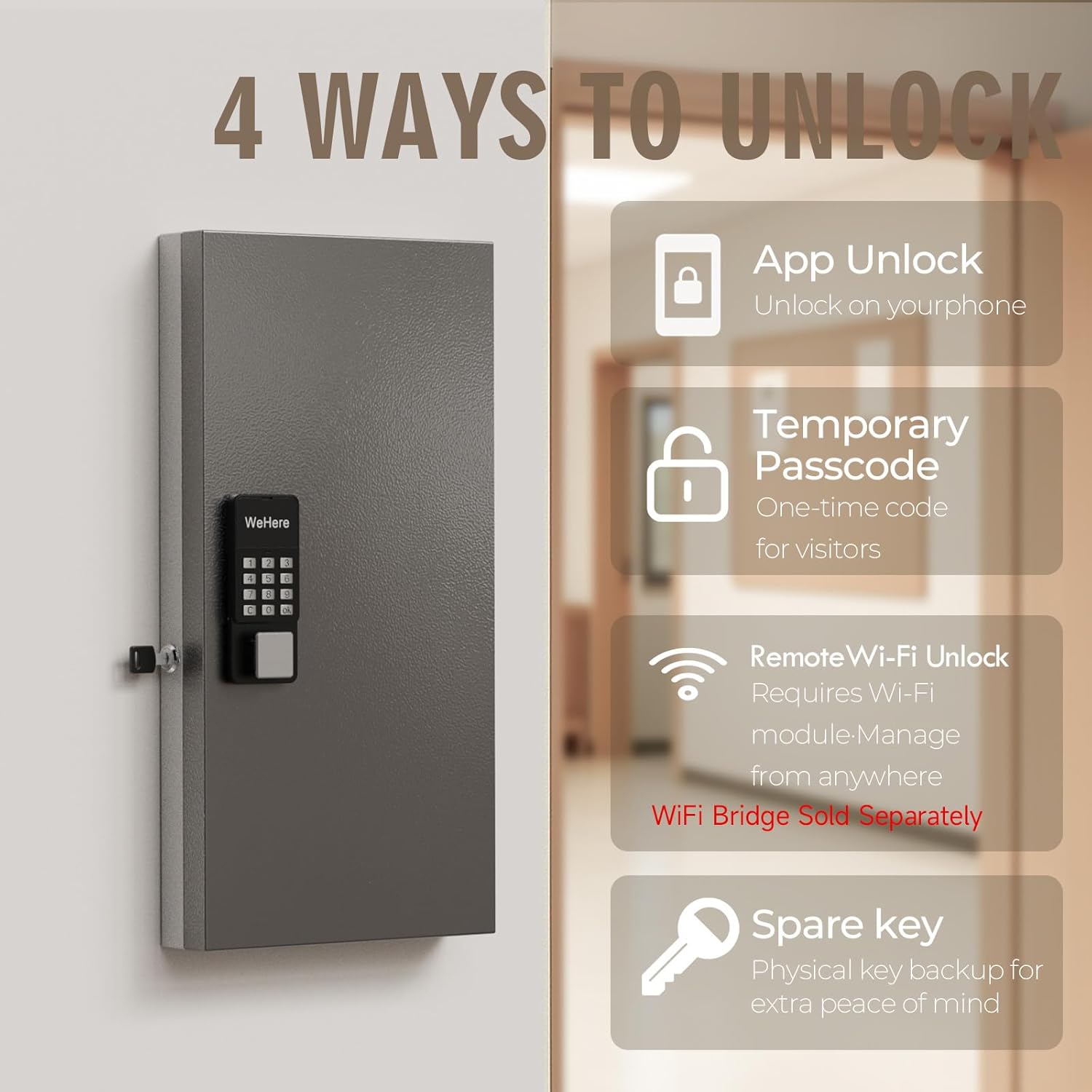WeHere 48-Key Smart Key Lock Box Wall Mount – Commercial Key Cabinet with App, Keypad, Bluetooth & WiFi Unlock (Sold Separately), Access Log Tracking, Key Management System for School, Rental, Office
