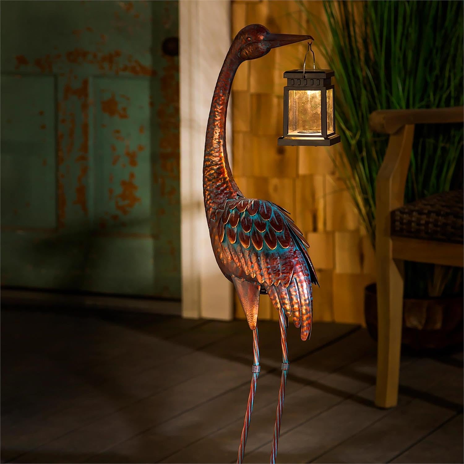 Evergreen Garden Beautiful Metal Crane with Solar Lantern Garden Statue - 4 x 4 x 34 Inches Homegoods and Decorations for Every Space