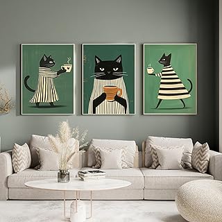 3er Set Leinwandbilder Poster,Schwarze Katze im Kaffeestil Retro Tier Cafe Bar Grün Wand Kunst Drucke Geschenk Schlafzimmer Wohnzimmer Schlafsaal Galerie Korridor Dekor Bild,Rahmenlose (30x40cm)