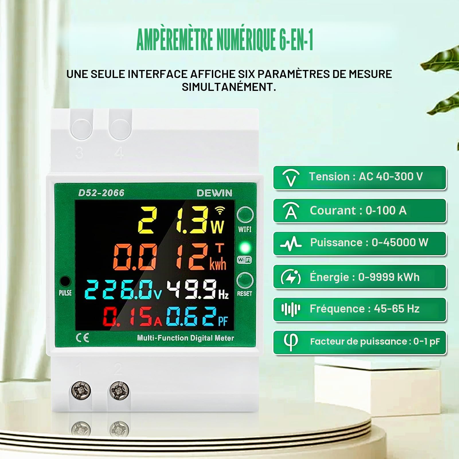DEWIN Compteur électrique WiFi monophasé, 6 en 1 Compteur électrique numérique monophasé Compteur d'énergie électrique Wifi Tuya AC40 ~ 300 V 100 A Voltmètre Ampèremètre Rail Din