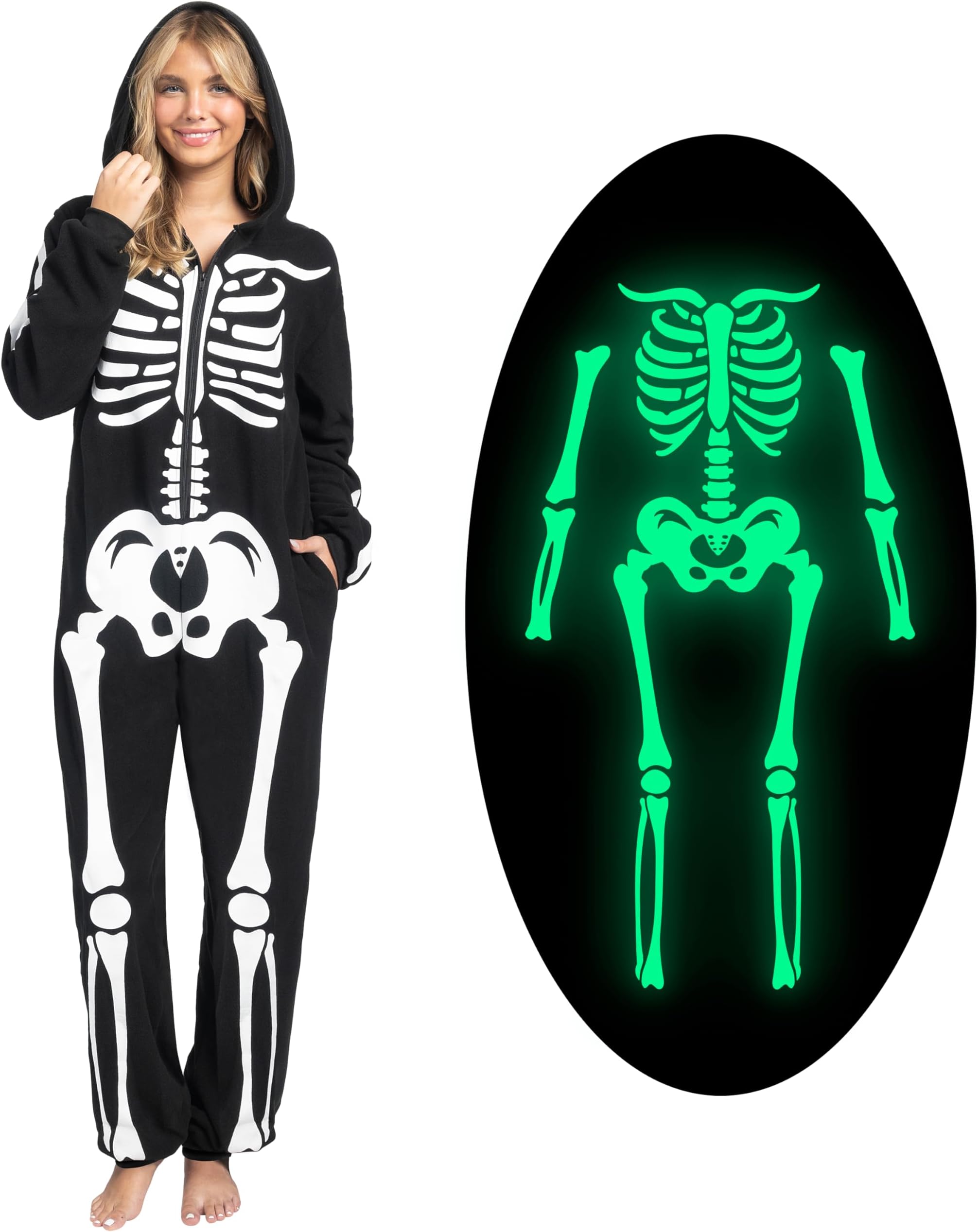 Erwachsene Skelettkostüme für Frauen leuchten im dunklen Jumpsuit Pyjama Reißverschluss mit Kapuze-Jumpsuit Halloween Cosplay-Kostüm, L.