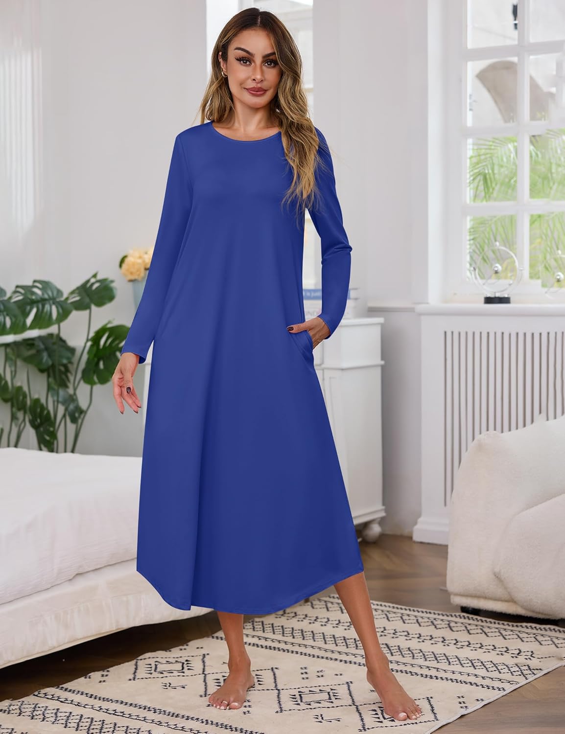 Marvmys Women Long Sleeve Nightgowns Round Neck Long Nightshirts with Pocket Sleepwears S-3XL - Image 2