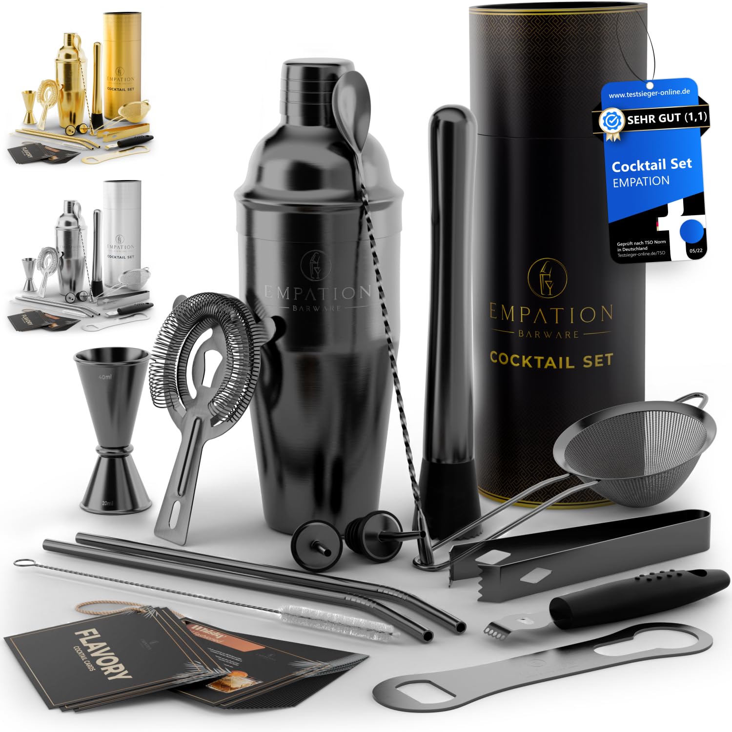 EMPATION Cocktail Shaker Schwarz, 14-teiliges Cocktail Set mit 700ml Cobbler Shaker, Cocktail Zubehör inklusive Rezeptkarten, Bar Set für Anfänger & Profis, Cocktailshaker Set als Präsent geeignet
