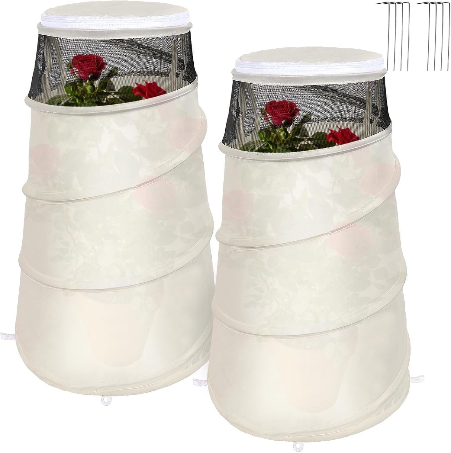 2 Pcs 20" x 13" x 9" Pop Up Round Rose Cones for Winter Freeze Protection,Foldable Rose Bush Plant Frost Protective Tent with Ground Stakes,Winter Plant Cover Freeze Protection for Small Plants