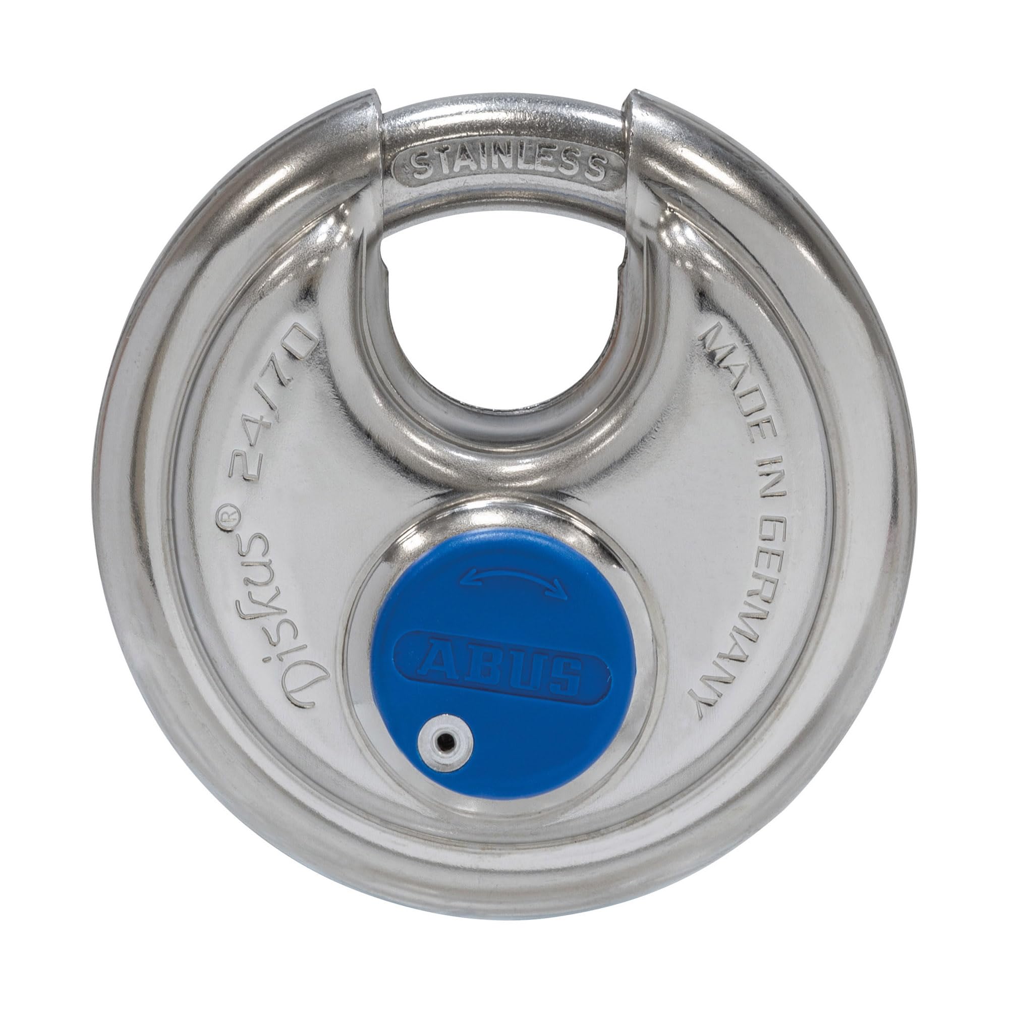 ABUS Cadenas Diskus 24IB/70 en acier inoxydable - avec protection circulaire de 360° - résistant aux intempéries - 02050 - Niveau de sécurité 8 - Argent/Bleu