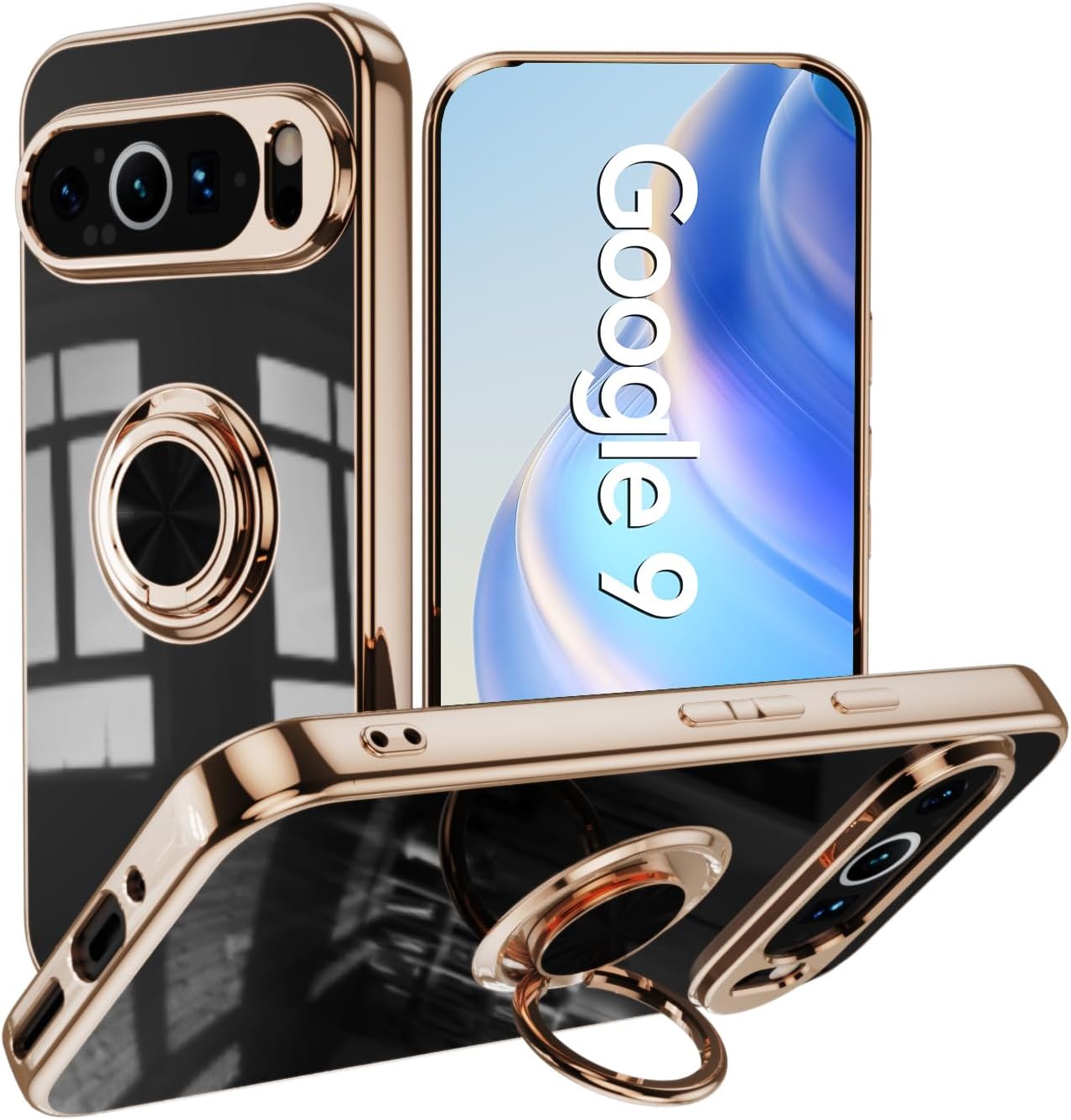 for Google Pixel 9A 5G Case, TPU Silicone Soft Material Phone Case with Ring Hold Kickstand Shockproof Cover Support Magnetic Car Mount Slim Case for Google Pixel 9A 5G, Black