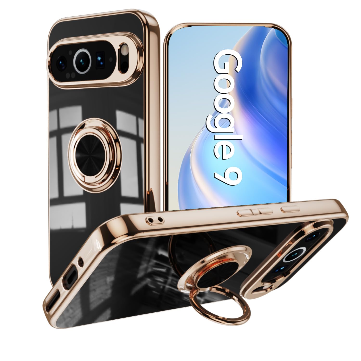 for Google Pixel 9A 5G Case, TPU Silicone Soft Material Phone Case with Ring Hold Kickstand Shockproof Cover Support Magnetic Car Mount Slim Case for Google Pixel 9A 5G, Black