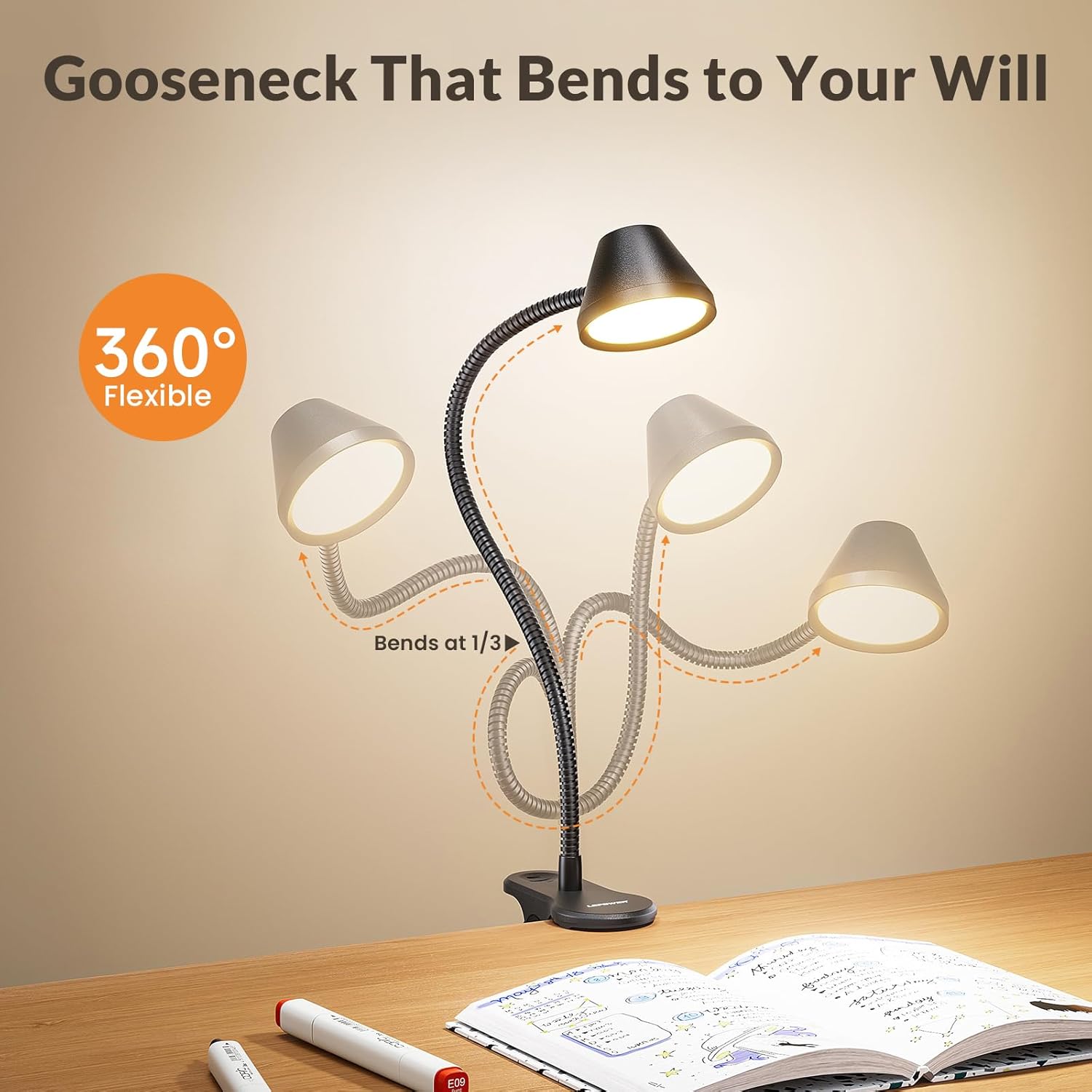 LEPOWER Clip on Light, Reading Lights for Books in Bed with 5 Colors & Stepless Dimming, RG0 Eye-Care, Auto Timer & Night Light, Strong Clamp for Headboard, Bedside, Desk, Black - Image 4