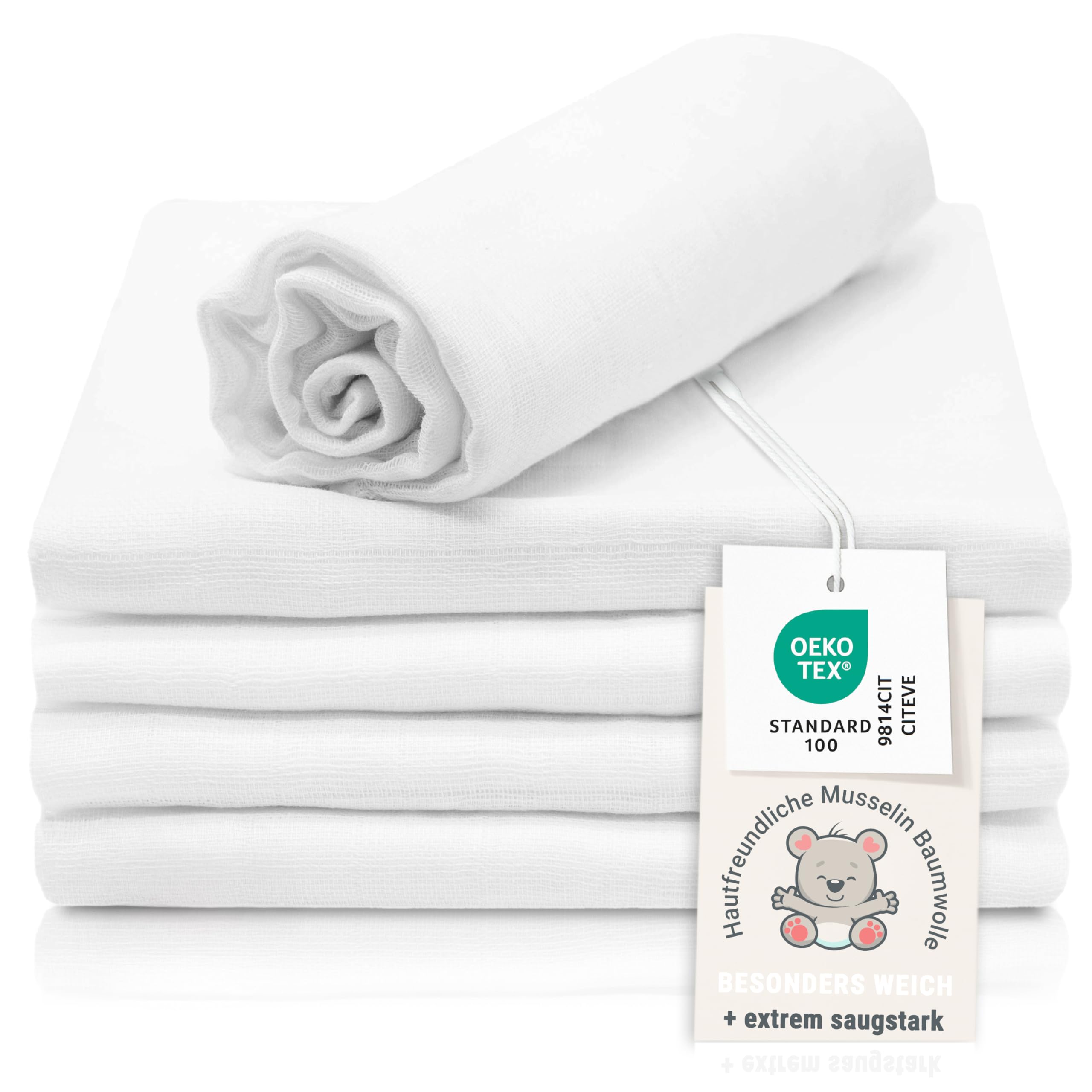 ZOLLNER 5er Set Musselin Spucktücher in 80x80 cm aus Baumwolle - hautfreundliche Mulltücher - besonders weich und extrem saugstark - waschbar bis 95°C - in weiß