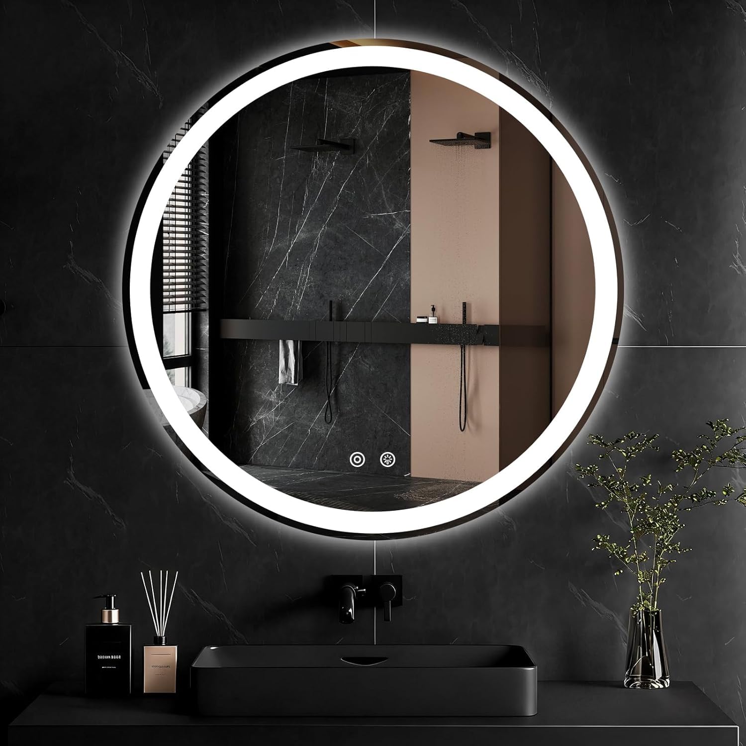 Simple Deluxe Round LED Bathroom Mirror with Lights, Smart Anti-Fog LED Bathroom Mirror with Circular Dual Lights and 3-Color Temperature Memory dimming (36inch)
