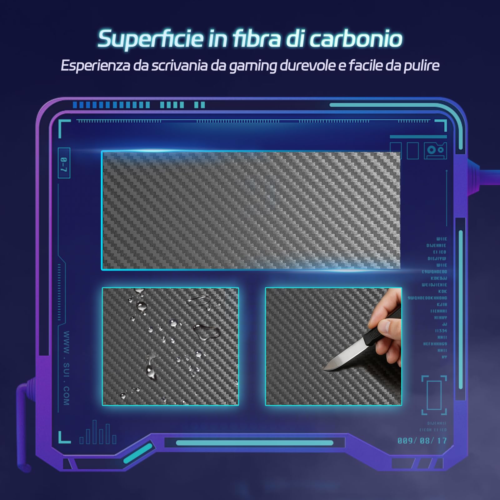 Devoko Scrivania Gaming 180 x 60 cm, Tavolo Gaming Ergonomica, Postazione con Piano del Tavolo in Fibra di Carbonio, Scrivania per Computer con Porta Bicchiere e Ganci per Cuffie, Nero
