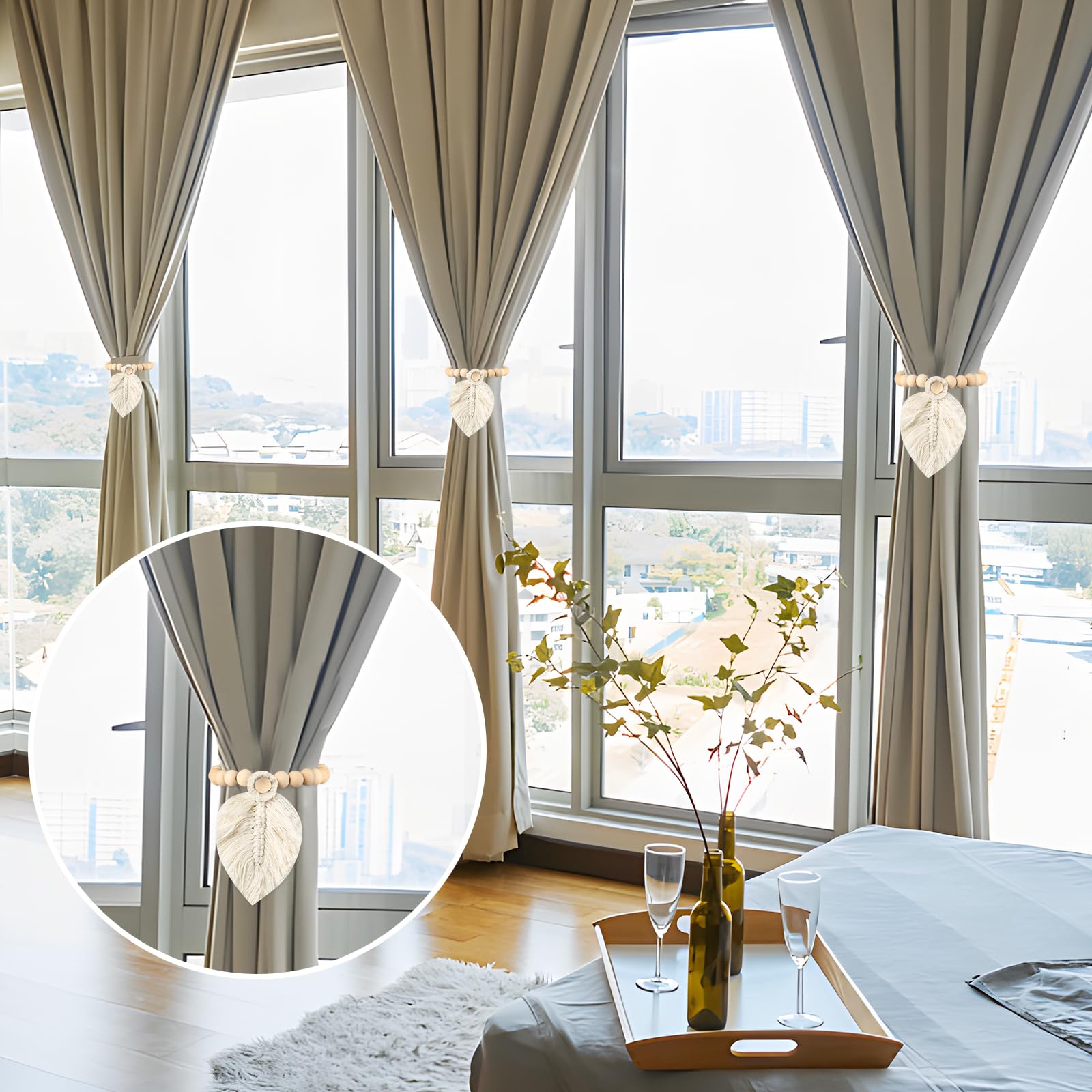 Fermatenda In Macramè Bohémien Fatti A Mano - 2 Pezzi Con Nappe A Foglia, Beige, Per Tende E Arazzi