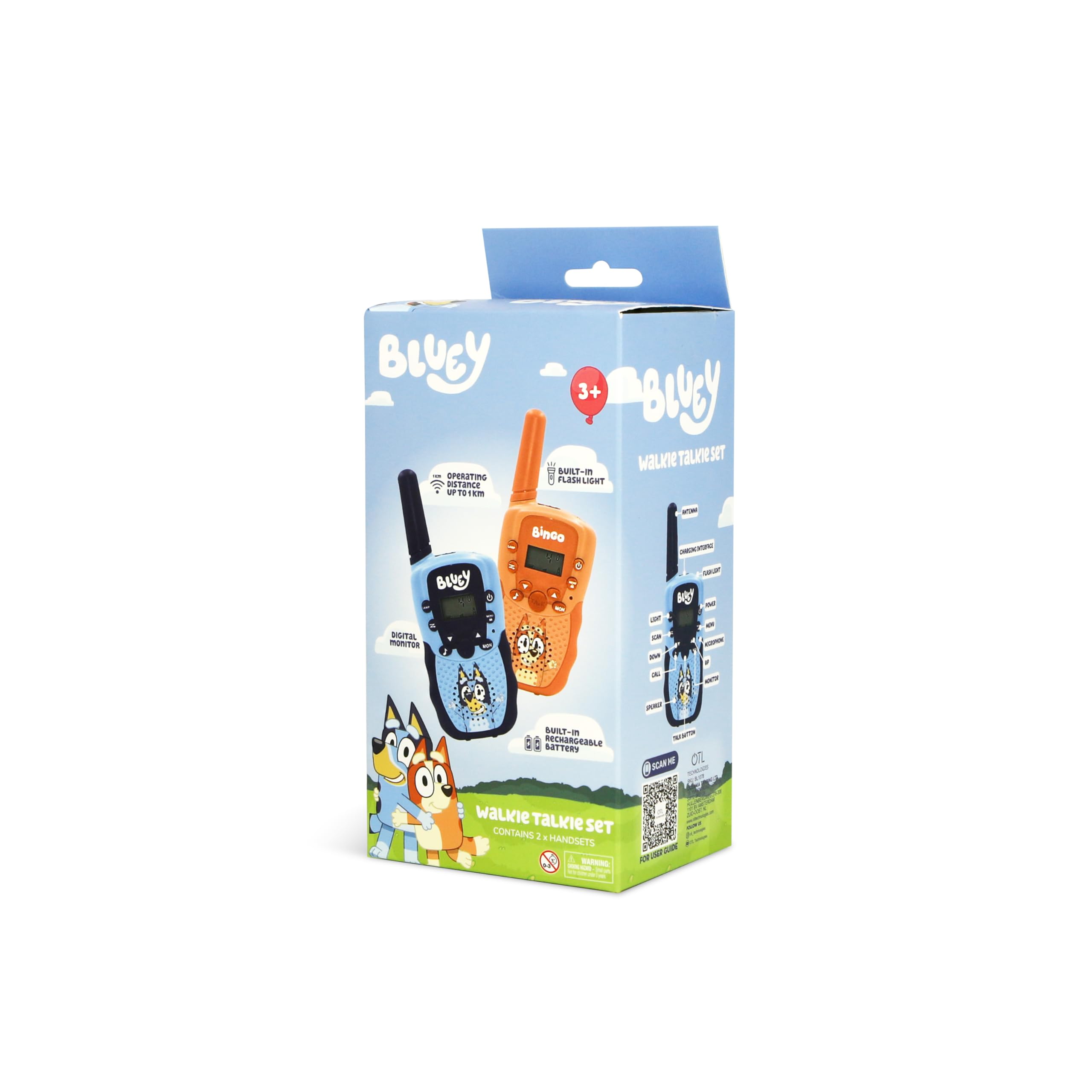 Walkie Talkies Infantiles Bluey con Batería Recargable Linterna y un Km de Distancia de Comunicación