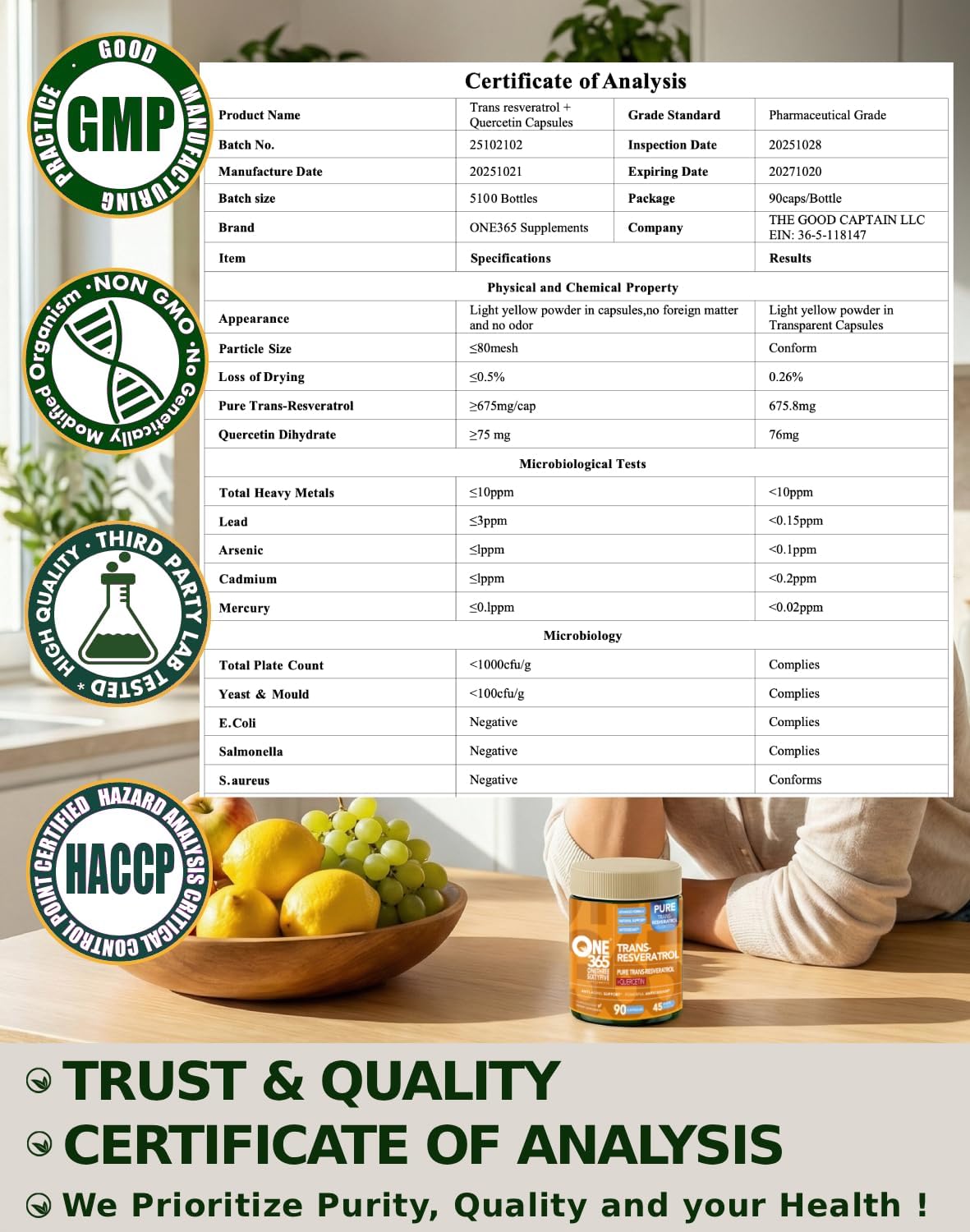 Trans Resveratrol Supplement with Quercetin Antioxidant and Healthy Aging Support Promotes Health Cellular Heart Brain & Immune Function 1500mg Vegan Natural Capsules 90 Count