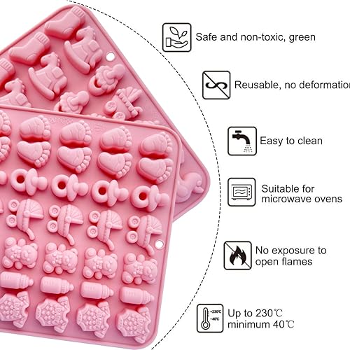 Miniatura 6 de Paquete de 2 moldes de chocolate para baby shower, 70 cavidades para pies de bebé, para chupete, para chupete, cunas, forma de oso, moldes de