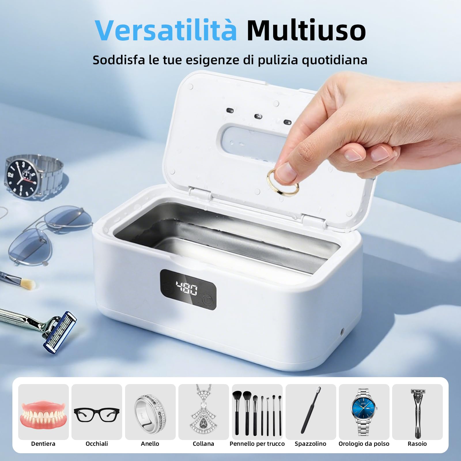 Pulitore Ultrasuoni 800ml, 49000Hz con Lampada U-V e 5 Modalità di Tempo – Pulitore Gioielli Ultrasuoni per la Pulizia Occhiali da Vista, Gioielli, Monete, Rasoi, Protesi, Spazzolini e Altri Accessori