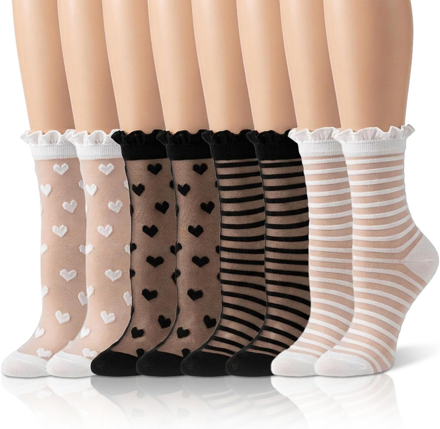 4 Pairs Lace Ankle Socks, Black & White Sheer Socks for Women with Lace Trim, See Through Ankle Length for Summer