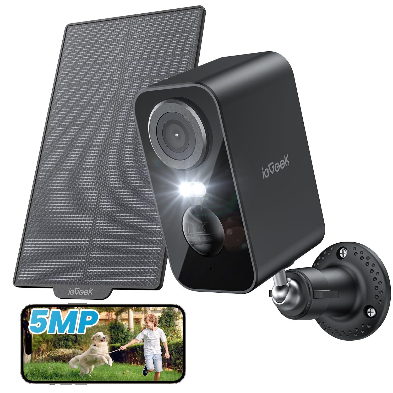 ieGeek Caméra de surveillance extérieure 5 MP Wi-Fi, batterie 5200 mAh, caméra de surveillance extérieur/intérieur, détection PIR, vision nocturne, audio bidirectionnel, projecteurs, étanche IP65