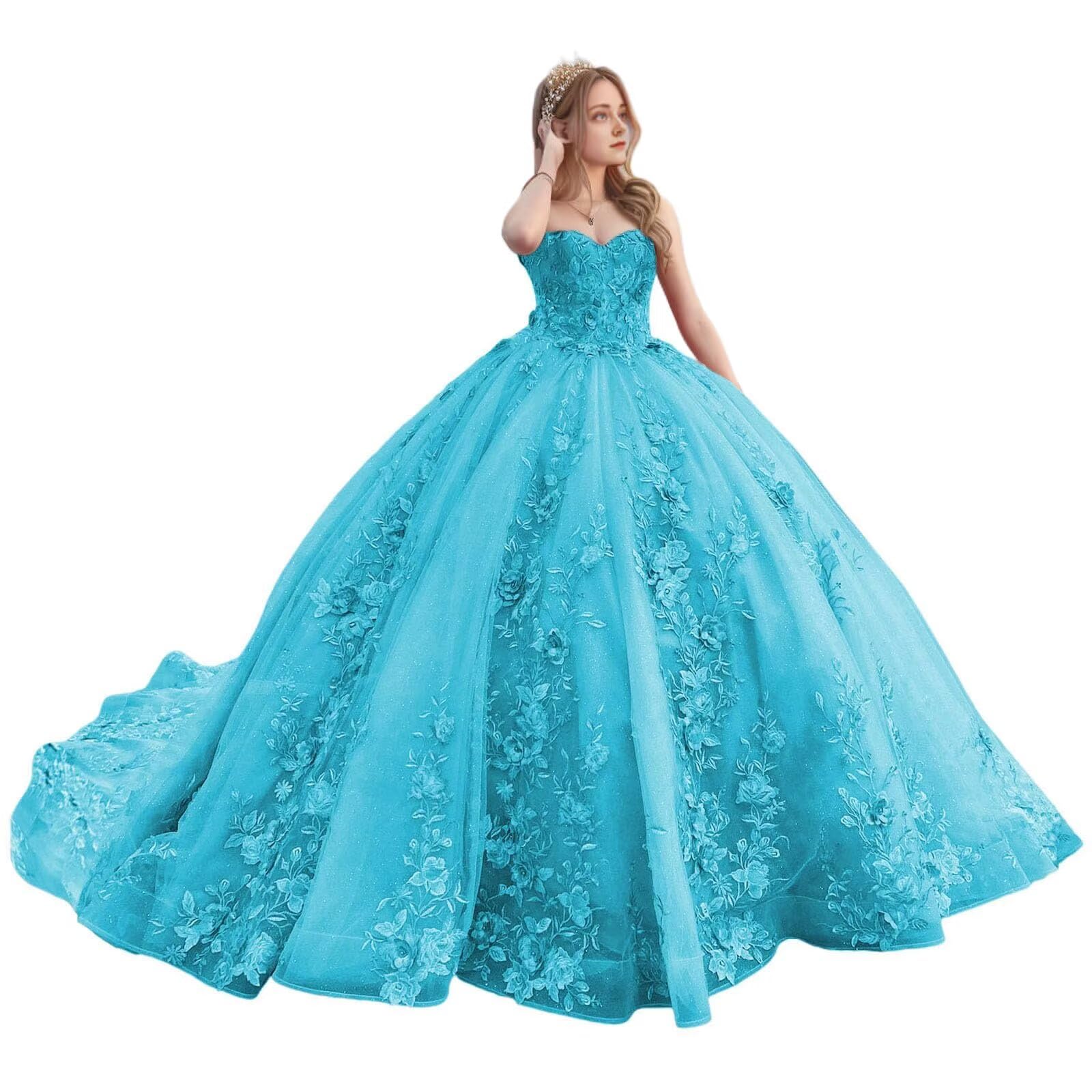 Women's Strapless Quinceanera Ball Gown Puffy Tulle Long Formal Evening Party Pegeant Gowns for Sweet 16 Dresses