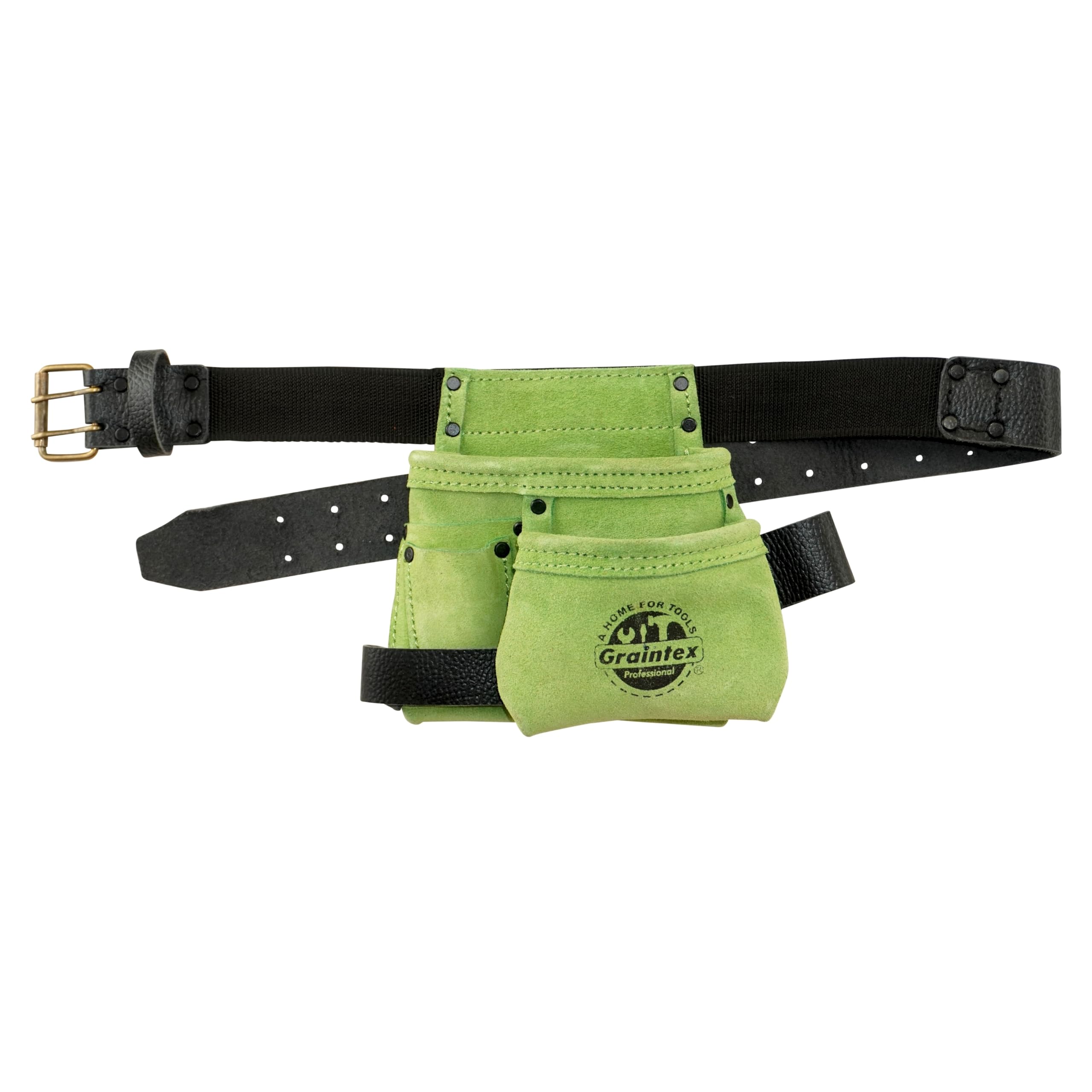 Graintex SS2463 - Bolsa de Herramientas para niños, 4 Bolsillos, Color Verde Lima, Piel de Ante con cinturón de Cuero y Lazo para Martillo