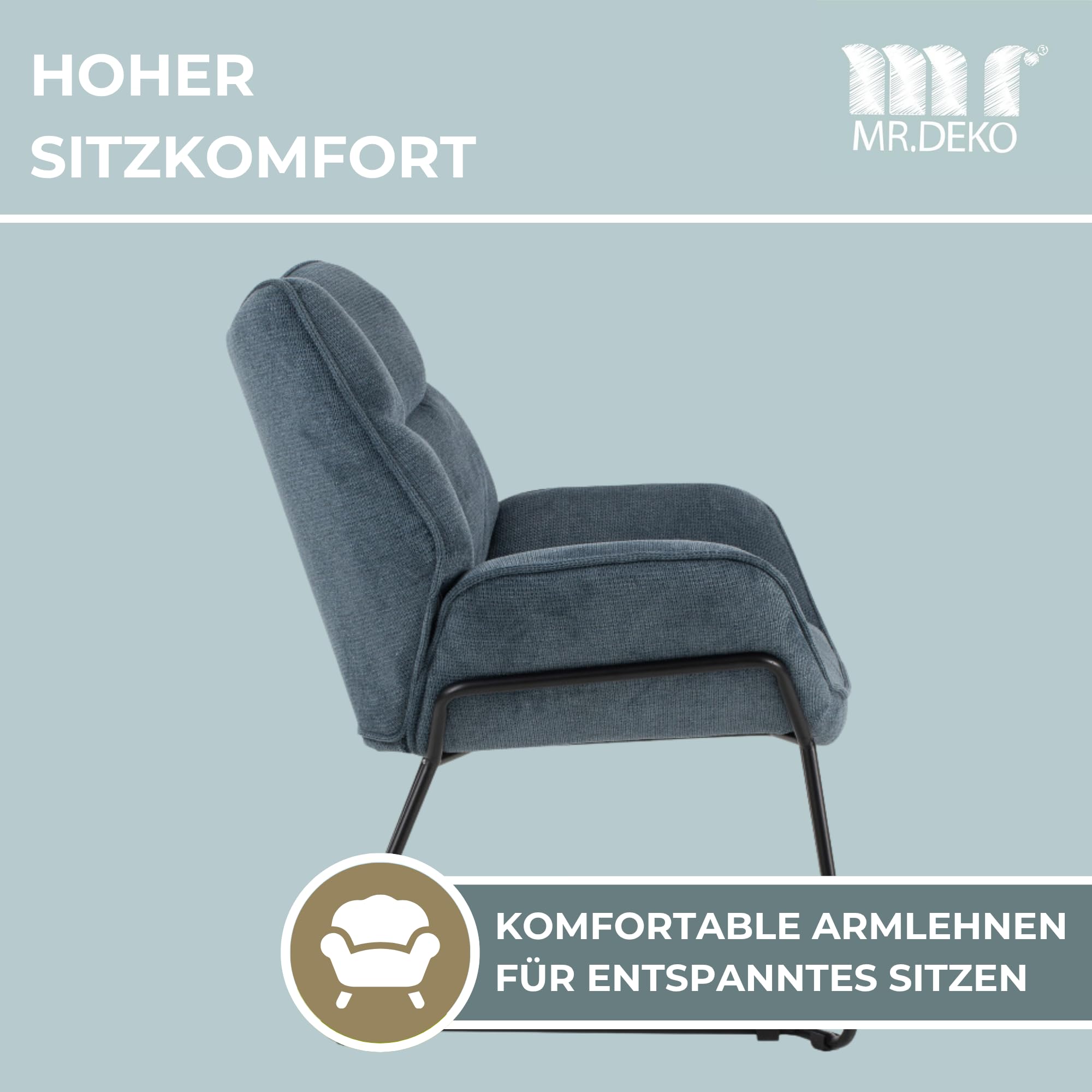 MR. DEKO Wohnzimmer Set Aliano Blau | Sessel-Set 2er mit Armlehnen & Beistelltisch Fermo Mangoholz | Polstersessel Stoff | Lounge-Set Wohnzimmer | Modernes Wohnmöbel-Set |2 Holztische rund