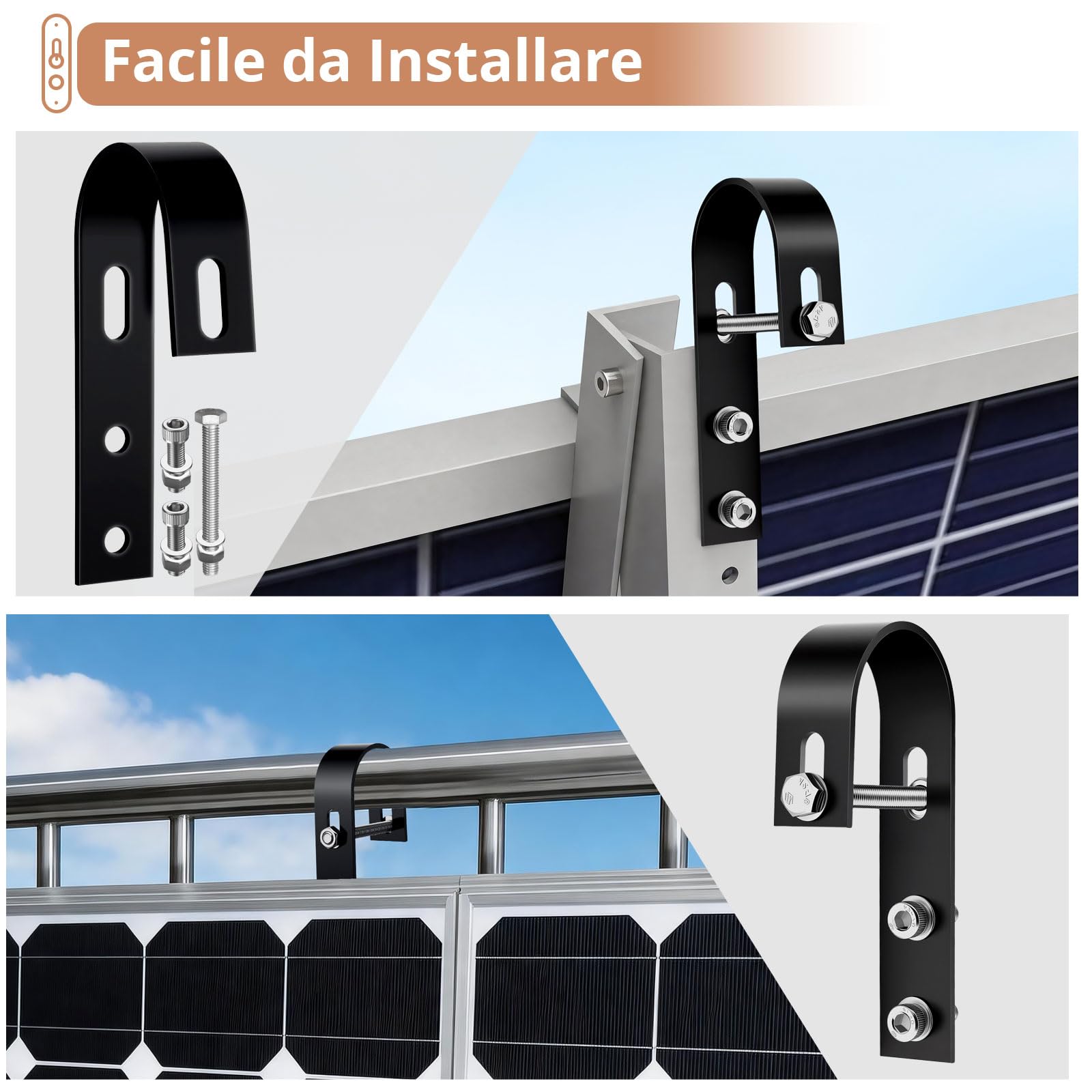 Kamtop 8 Ganci Solari Balcone In Acciaio Inox 304 Per Moduli Solari | Kit Ganci Solari Inox 304 Con Accessori Completi Per Installazione Pannelli Fotovoltaici Su Ringhiere