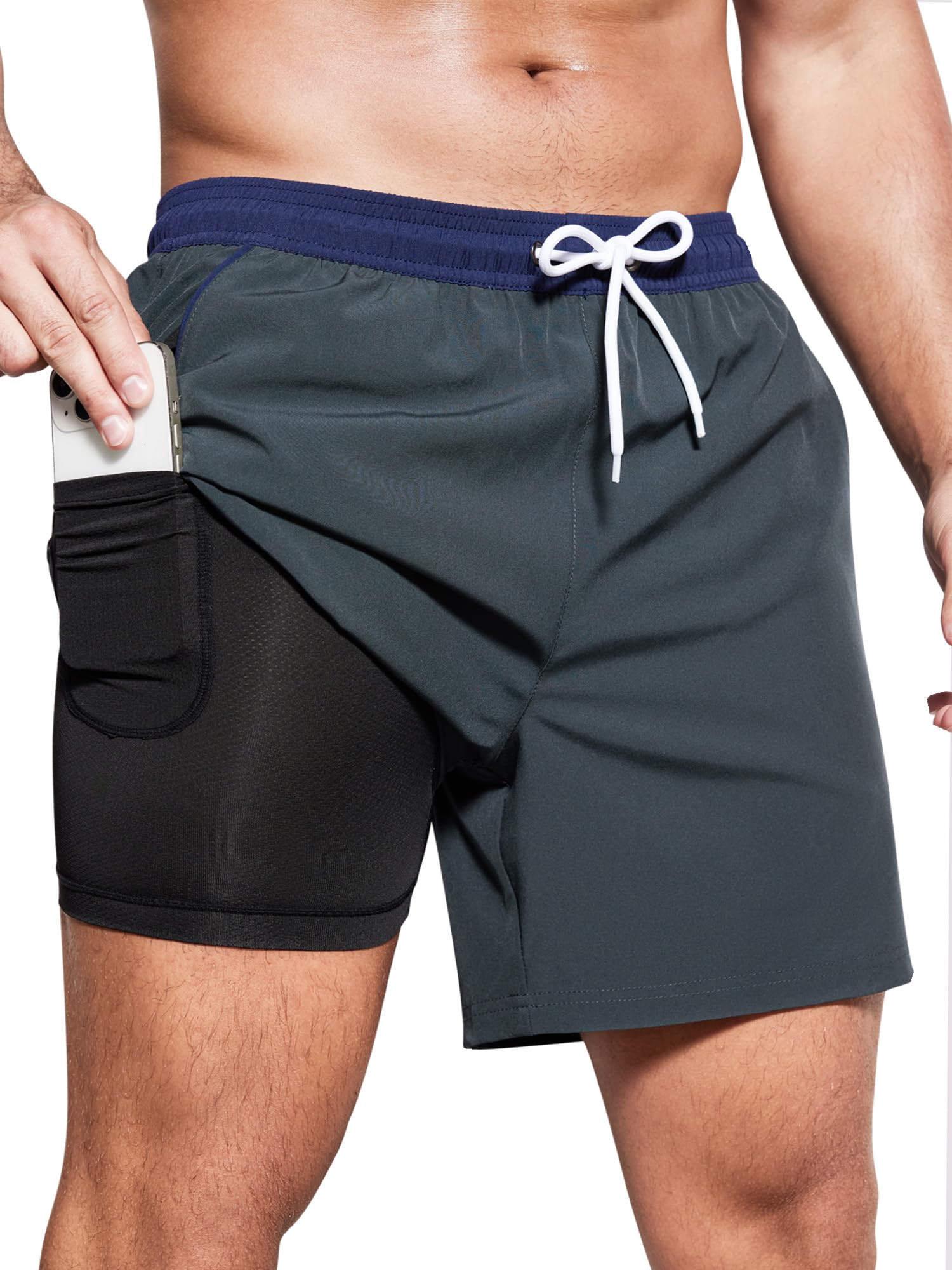 SILKWORLD Mens Swim Trunks with Compression Liner 2 in 1 Quick Dry Bathing Suit Beach Shorts with Zipper Pockets