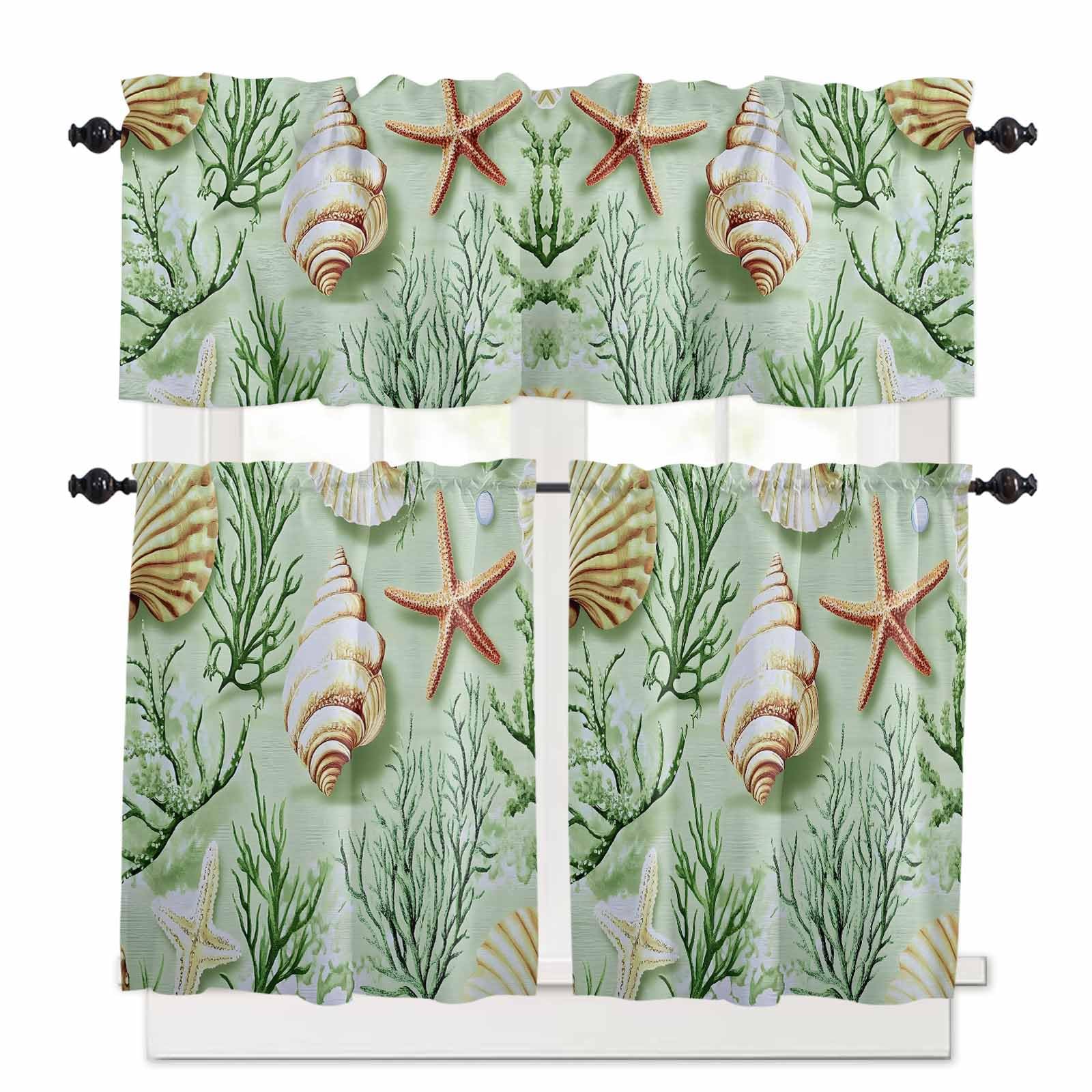 Sage Green Coastal Kitchen Curtains 24 Inch Length, 3 Piece Rod Pocket Small Half Tiers and Valance Set, Summer Ocean Seaweed Shell Small Large Window Treatment Decor for Bedroom/Bathroom Sink