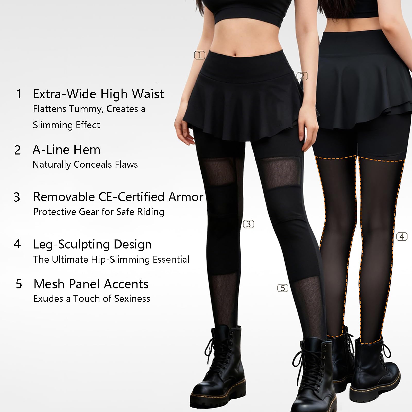 Kobiety 2-w-1 Spódnica Motocykl Leggings Z Wymienną Zbroję Kolaną, Wysokiej Talii A-Line Spodnie Jeździeckie, Stylowe Casual Codzienne Noszenie Siatki Oddychające Spodnie Biker