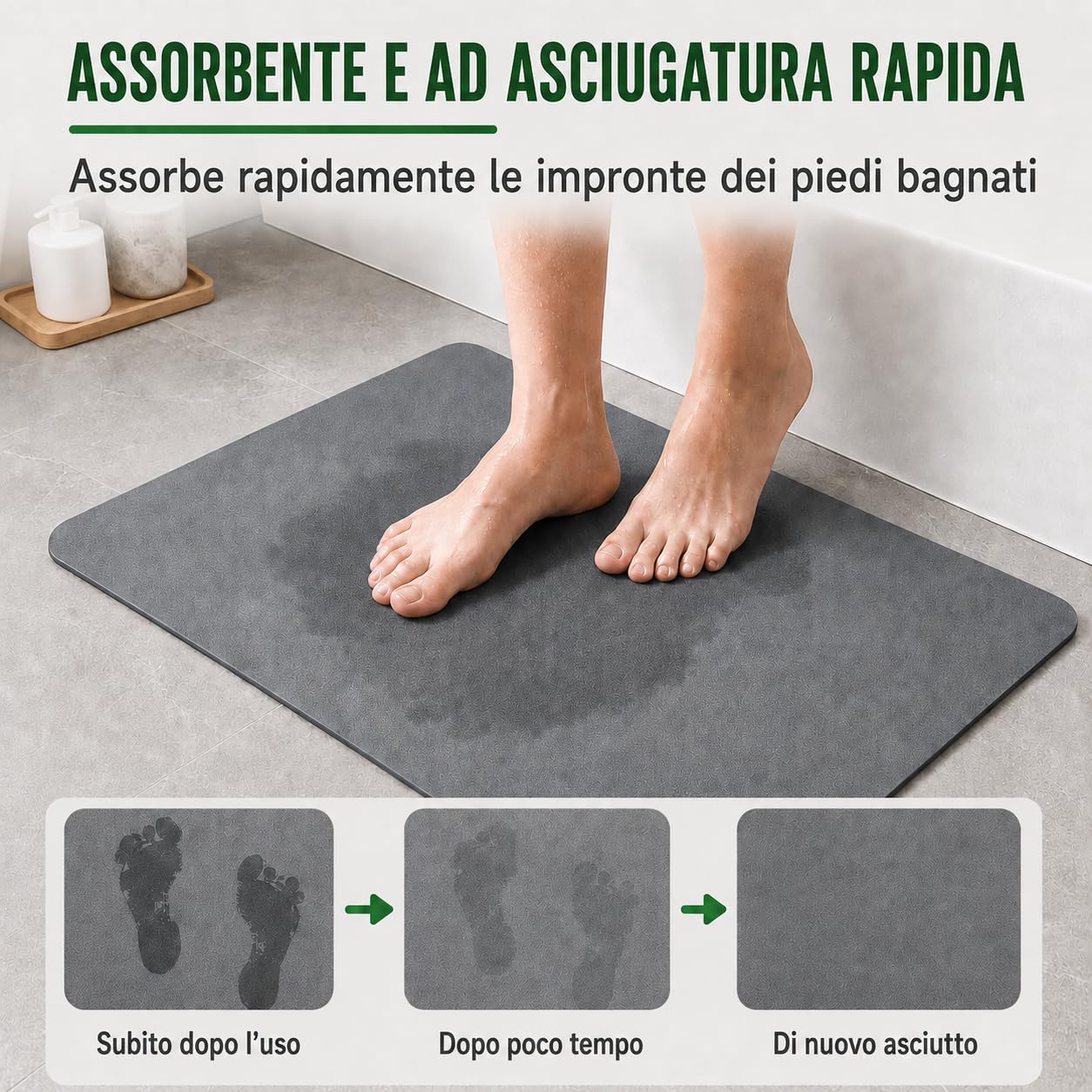 Set 2 Tappeto Bagno e Doccia Assorbente 40x60+60x120cm | Alta Assorbenza, Superficie Antiscivolo, Uso Bagno e Doccia, Materiale Diatomite, Design Compatto