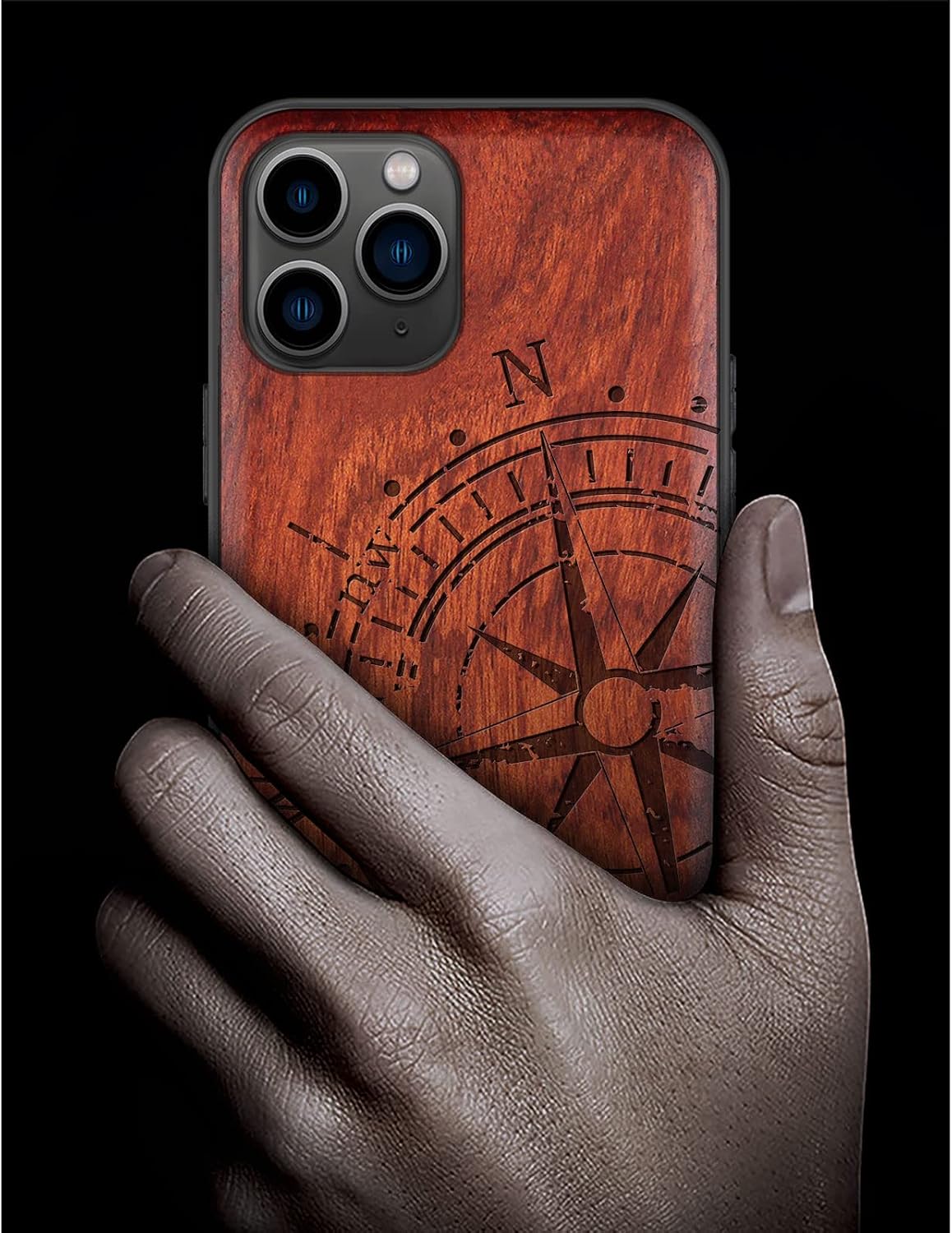 Carveit Wood Case for iPhone 11 Pro Case [Hard Real Wood & Black Soft TPU] Shockproof Hybrid Protective Cover Unique Wooden Phone Protector Compatible with 11 Pro (Vintage Compass-Rosewood)