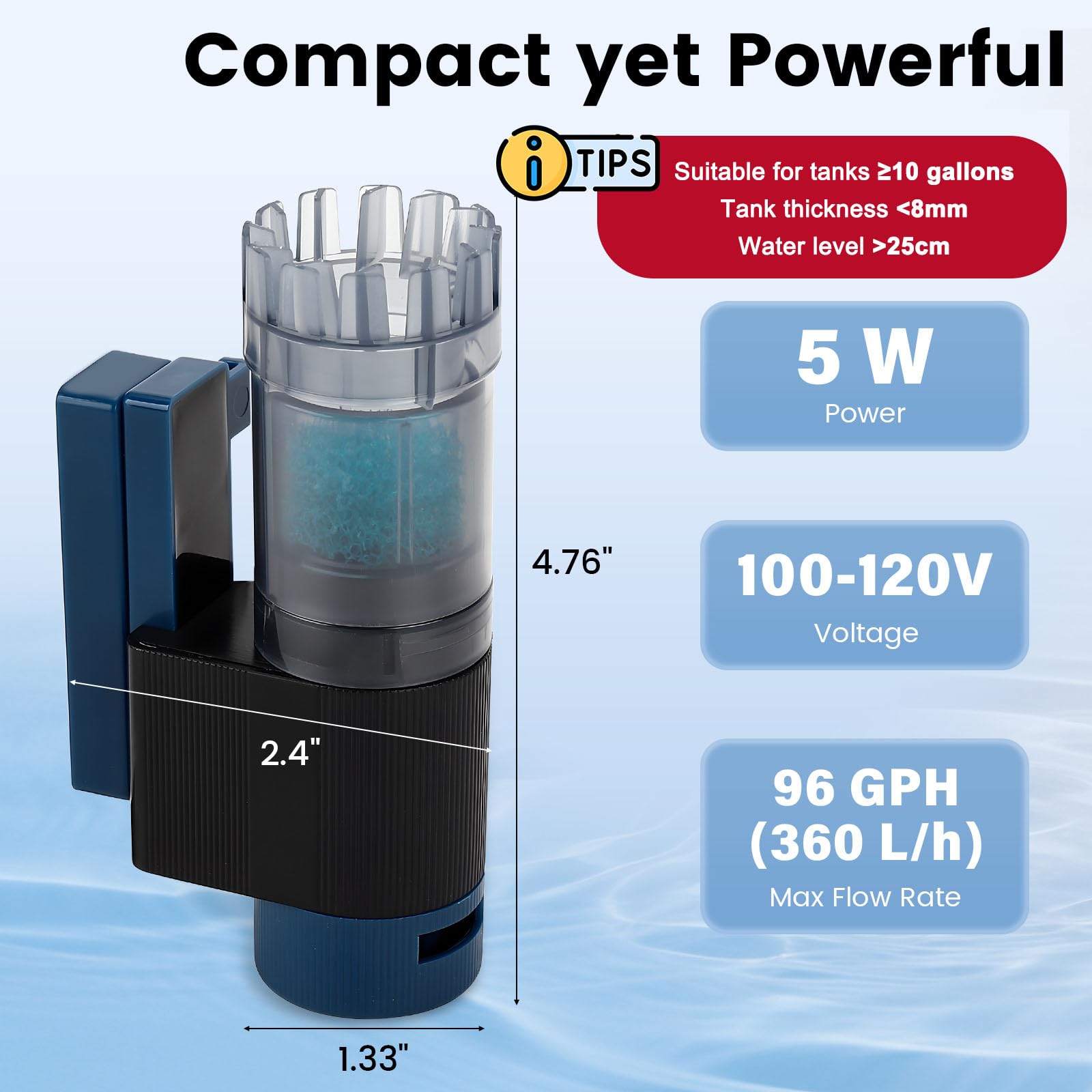Écumoire de surface pour aquarium, débit de 90 GPH – Idéal pour l'eau douce et l'eau salée – 5 W – Élimination efficace des déchets