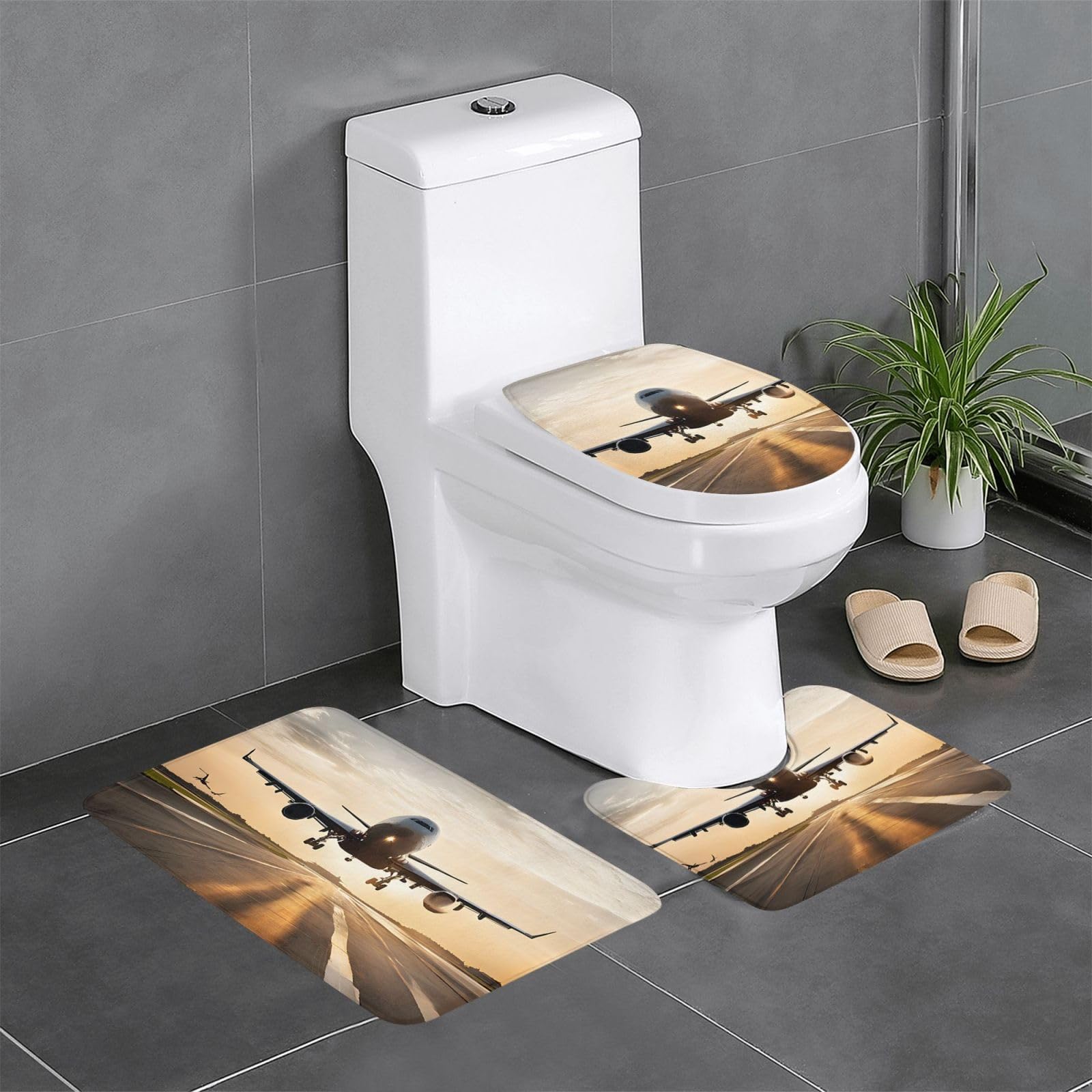 Tapis de salle de bain antidérapants lot de 3 avec contour pour toilette motif avion