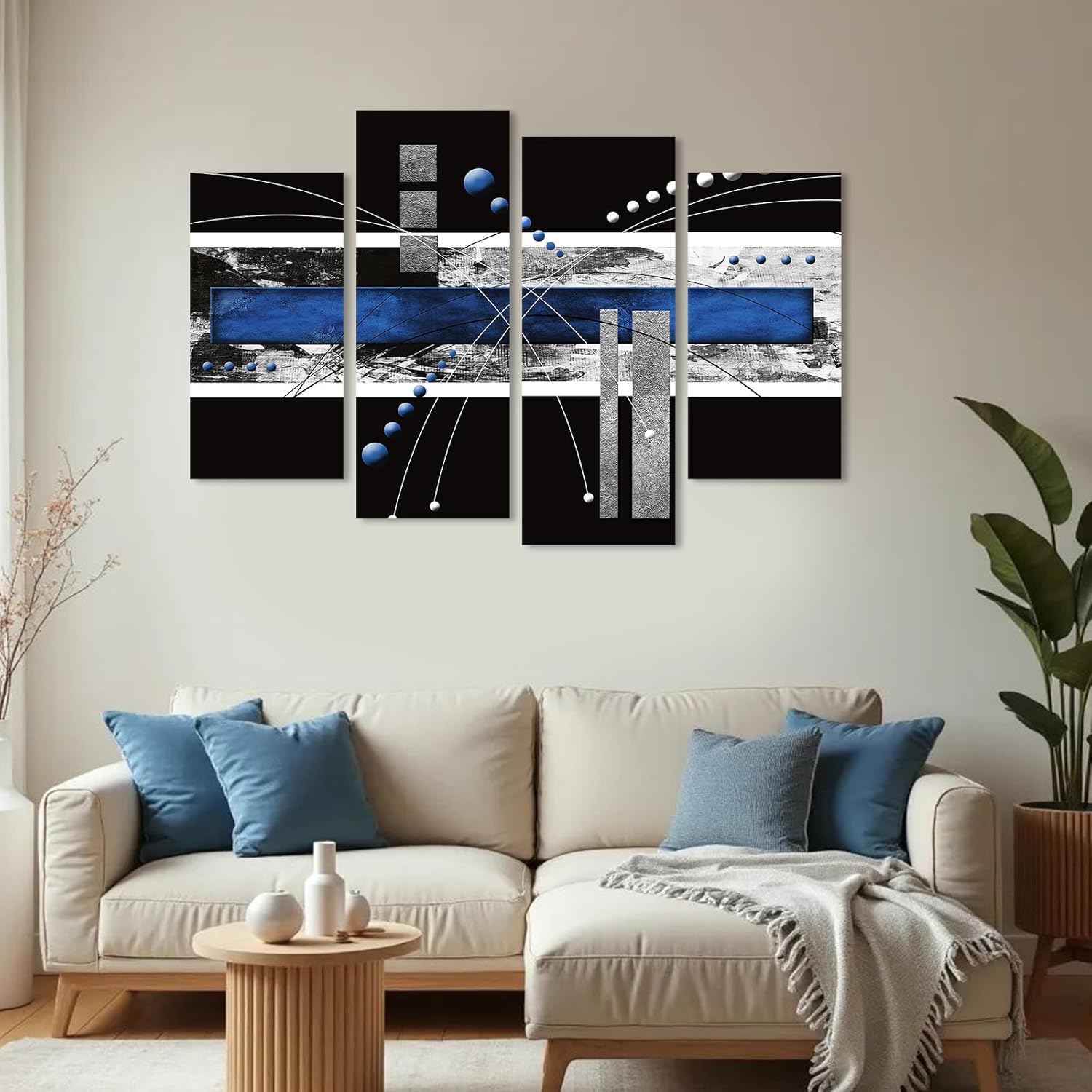 1 KINGO Black Blue Canvas Wall Art - 4 Piece Modern Abstract Painting for Office, Living Room & Bedroom Decor, Contemporary Home Art Print, Large Blue and Gray Wall Decor (16"x32"x2, 16"x 42"x2)