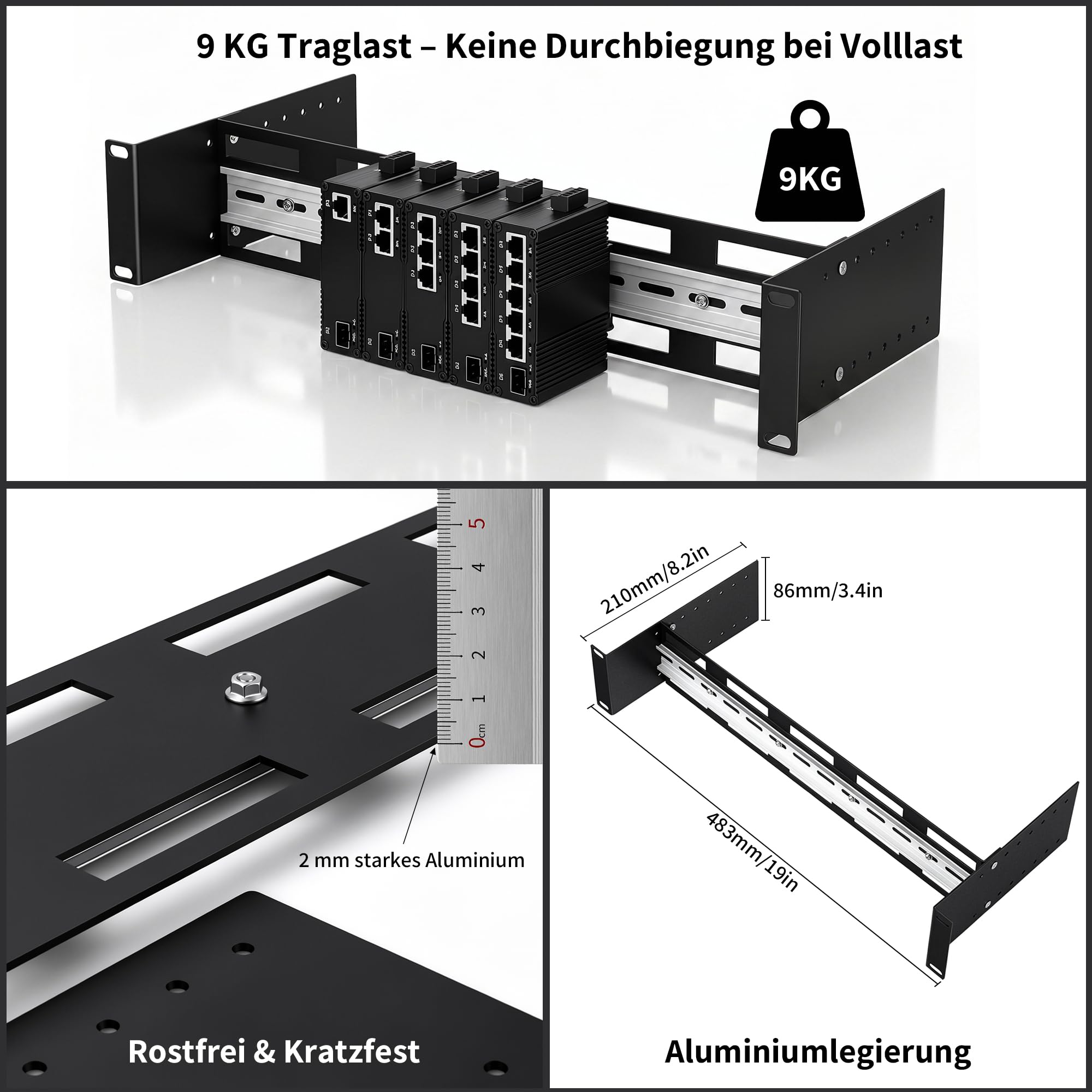 Hutschienenträger 19 Zoll 2 HE, Tiefe verstellbar 48–174 mm