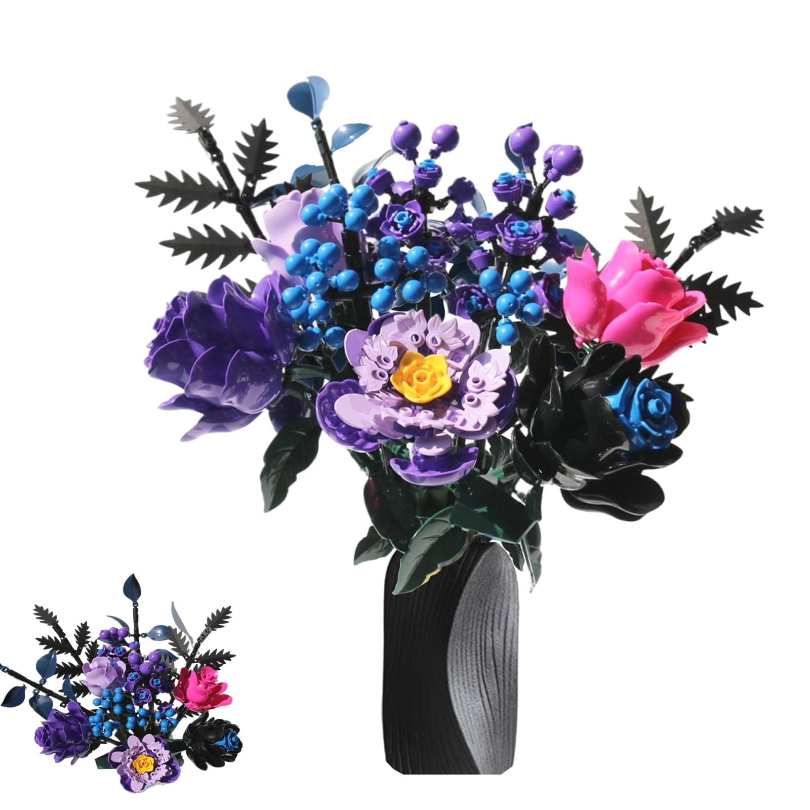 RIDIR Gothic Rose Building Set for Adults DIY Black and Purple Wildflower Bouquet Botanical Blocks