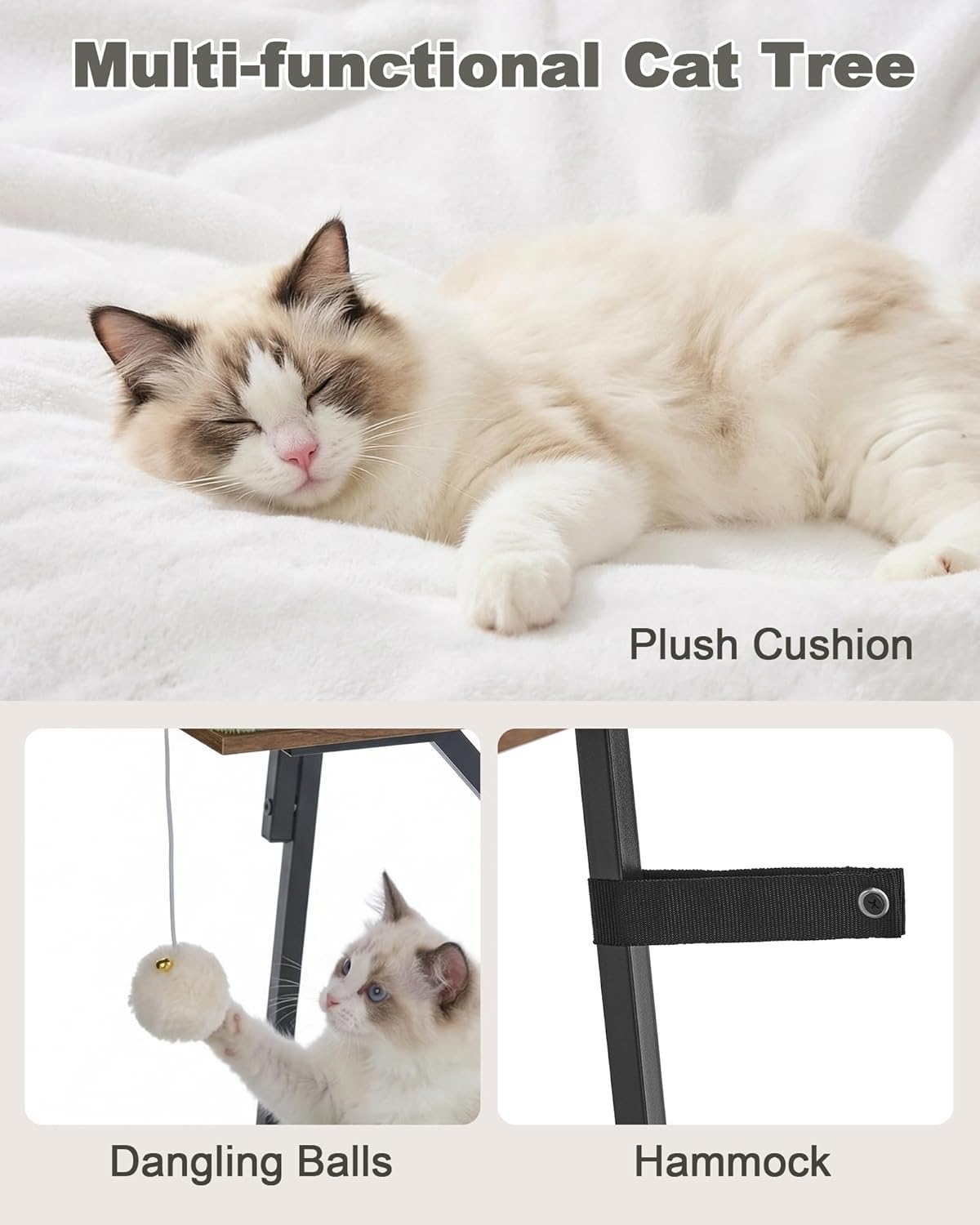 46-Inch Modern Cat Tree Tower for Large Cats, Multi-Level Cat Tower with Playful Toy Balls, Large Perch, Cat Condo, Removable Pads, White