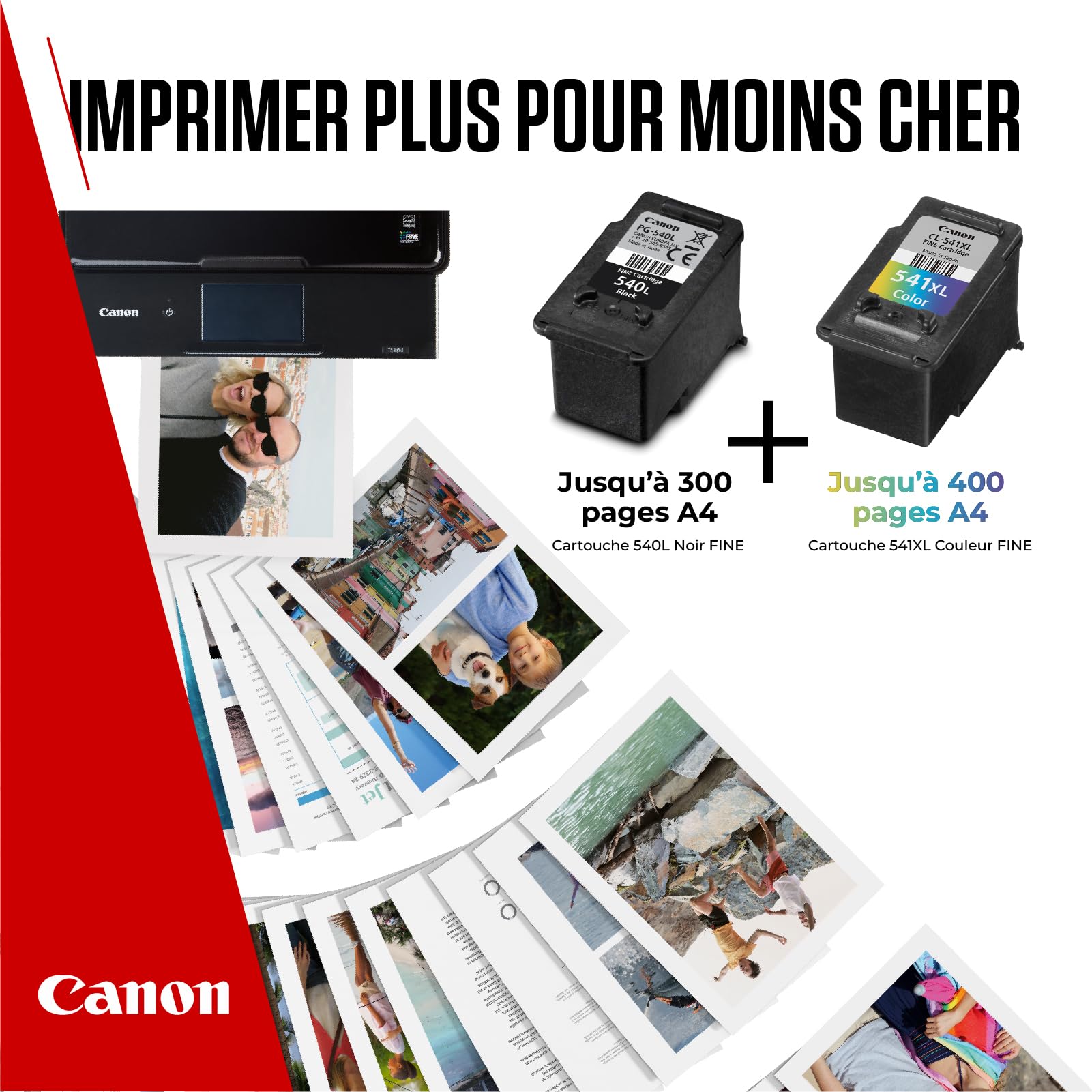 Canon PG540L / CL541XL Lot de 2 Cartouches d'encre Authentiques à Haut rendement Couleurs et Noir 50 Feuilles de Papier Photo 10 x 15 cm