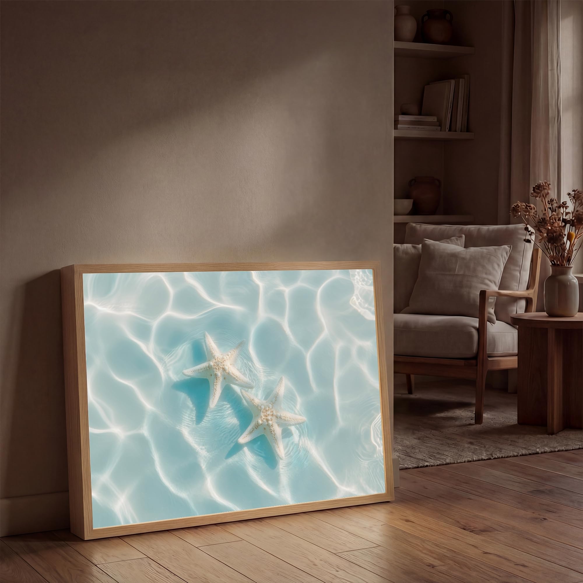 Moderne LED Wandleuchte Innen 90x60 cm Aufladbar Wandbeleuchtung Schlafzimmer Nachtlampe Flach Fernbedienung Warmes Still Licht Dimmbare Lampe Seesterne - Gewelltes Wasser - Beruhigend