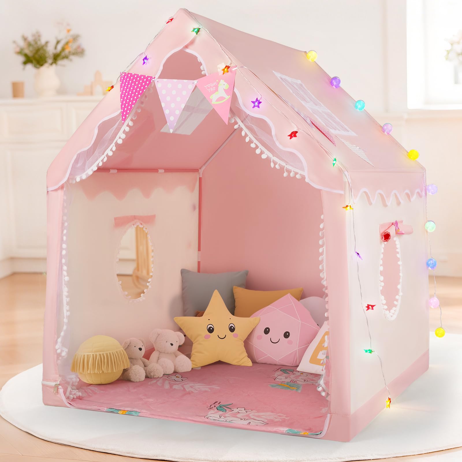 Tienda de campaña para niños con Forma de casa, con Luces LED y Alfombrilla, Interior y Exterior | Gran interior, rica decoración, tejido respetuoso con la piel, construcción sin herramientas, estable y portátil