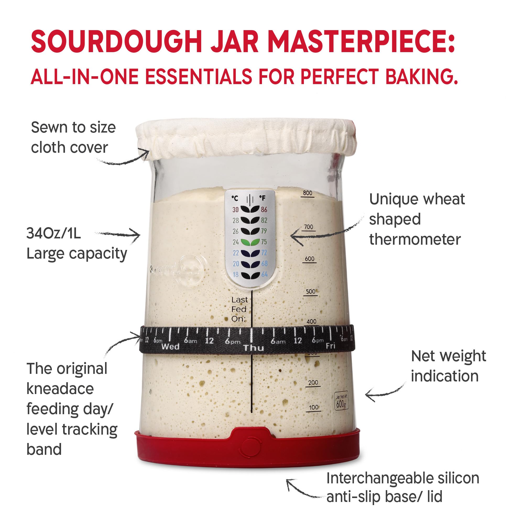 KneadAce Sauerteig Starter Kit - 963.9 g Starter Jar 2 Baumwollseil Banneton Gärkörbe Magnetisches Brot Lame zum Ritzen - Geschenk für Bäcker & Komplettes Sauerteigbrot Backset