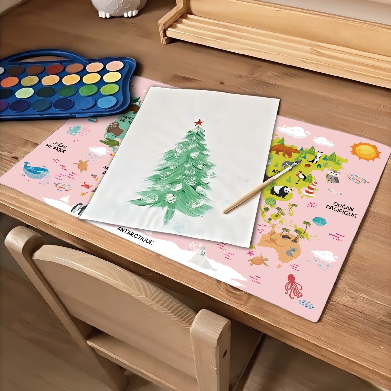 Carte du Monde Animaux Rose Français Sous-main Enfant 40x60cm Tapis Bureau Imperméable Cuir PU Double Face Effaçable