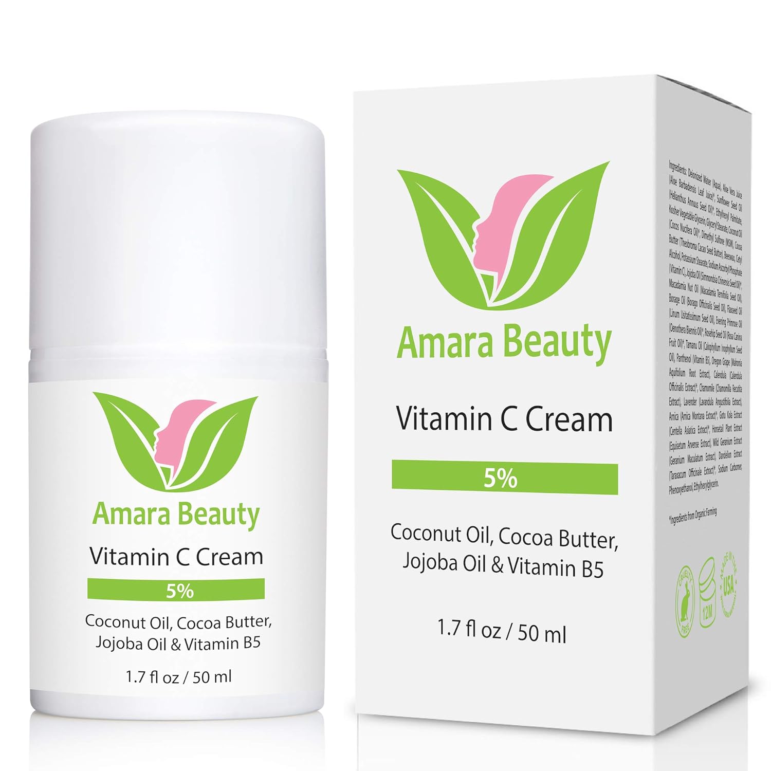 Amara Beauty Vitamin C Cream for Face with Coconut Oil, Cocoa Butter & Jojoba Oil, 1.7 fl. oz. (Pack of 2)