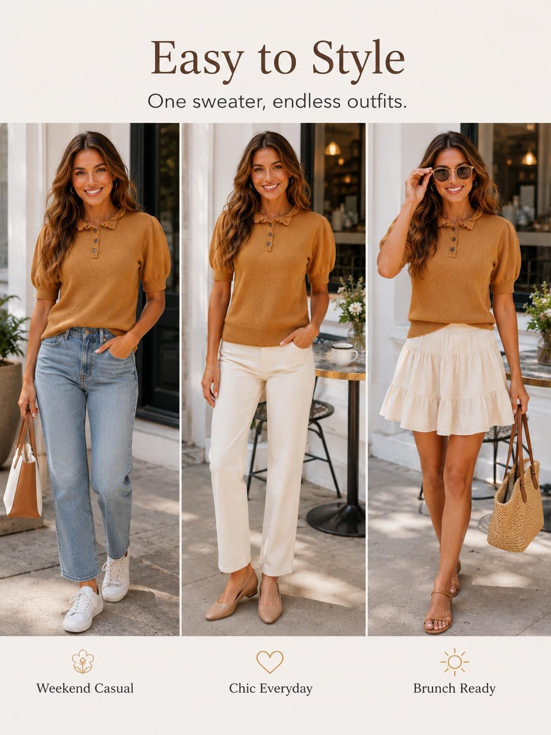 Short Sleeve Sweater for Women Ruffle Crewneck Puff Sleeve Trendy Pullover Knit Tops 2026 Lightweight