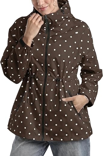 SeeLuNa Women Polka Dot Rain Jacket Hooded Zip Up High Neck Raincoat